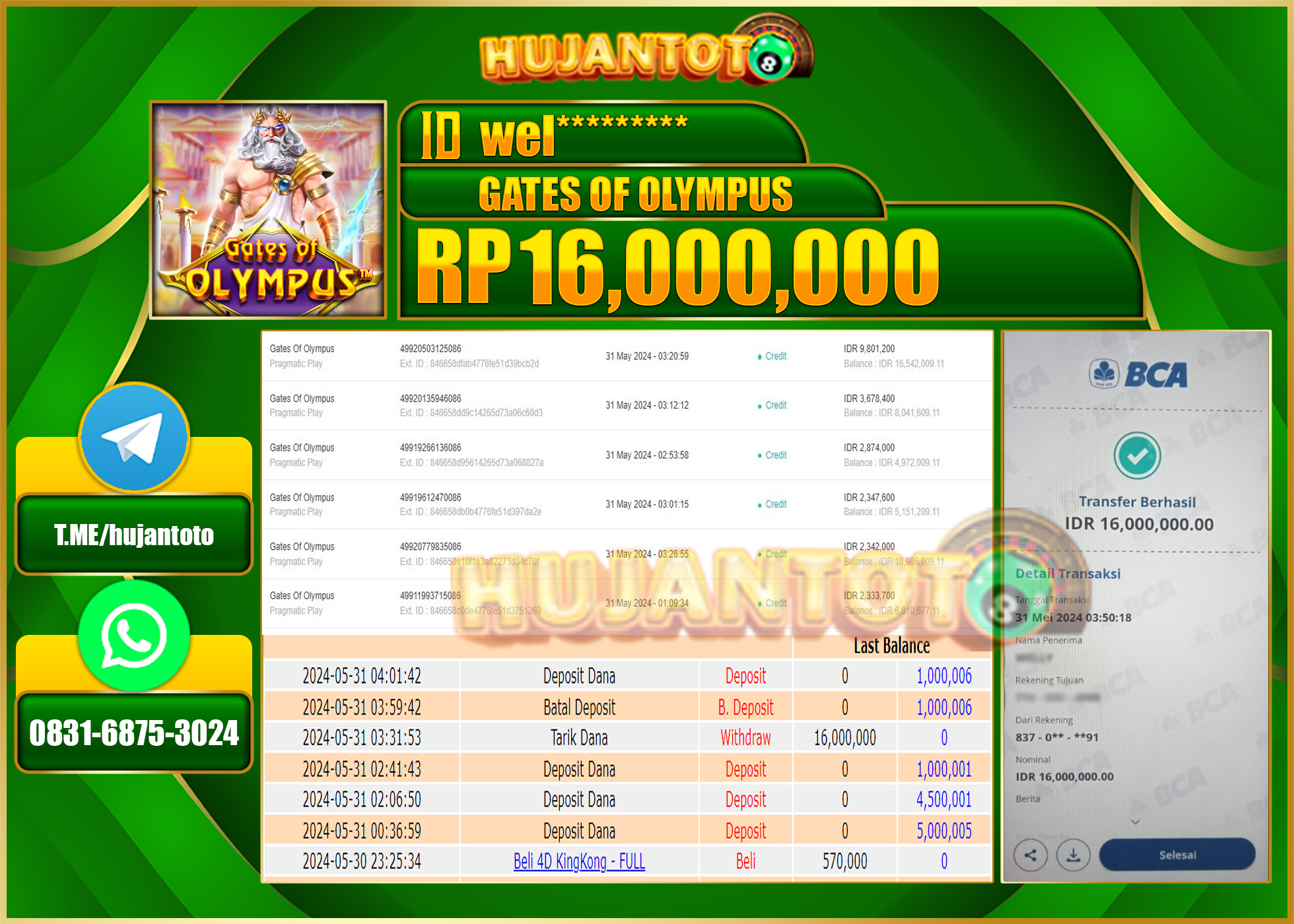 HUJANTOTO MENANG SLOT MANIA OLYMPUS  16,000,000 - LUNAS
