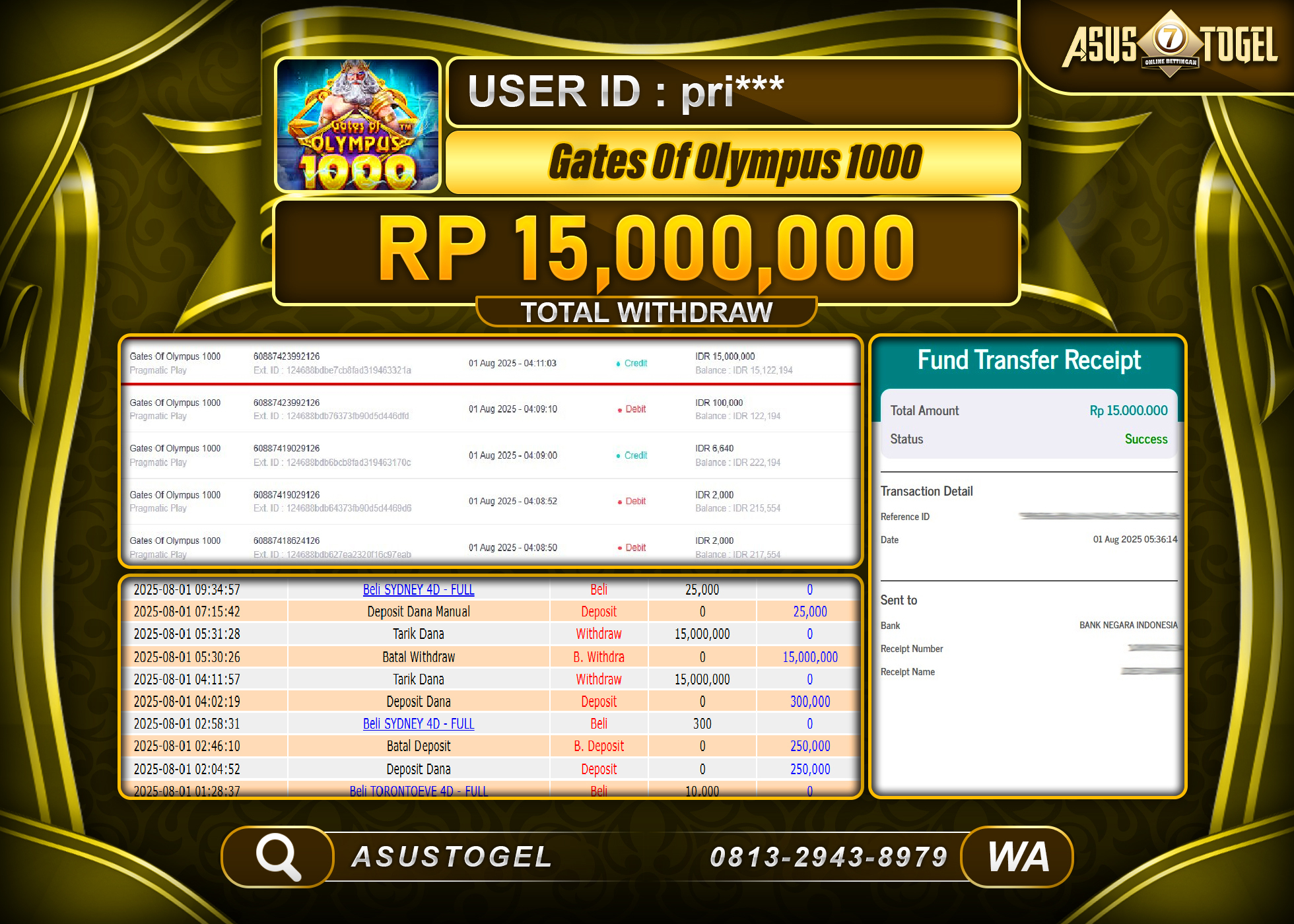 ASUSTOGEL KEMENANGAN DI SLOT GATES OF OLYMPUS 1000 SEBESAR 15,000,000- RUPIAH LUNAS