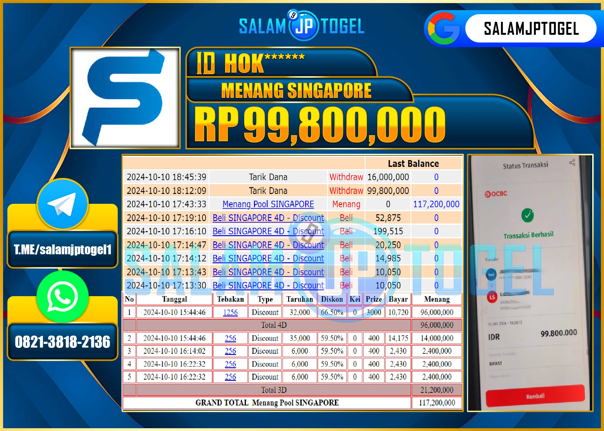 SALAMJPTOGEL MENANG TOGEL SINGAPORE RP. 99,800,000 LUNAS