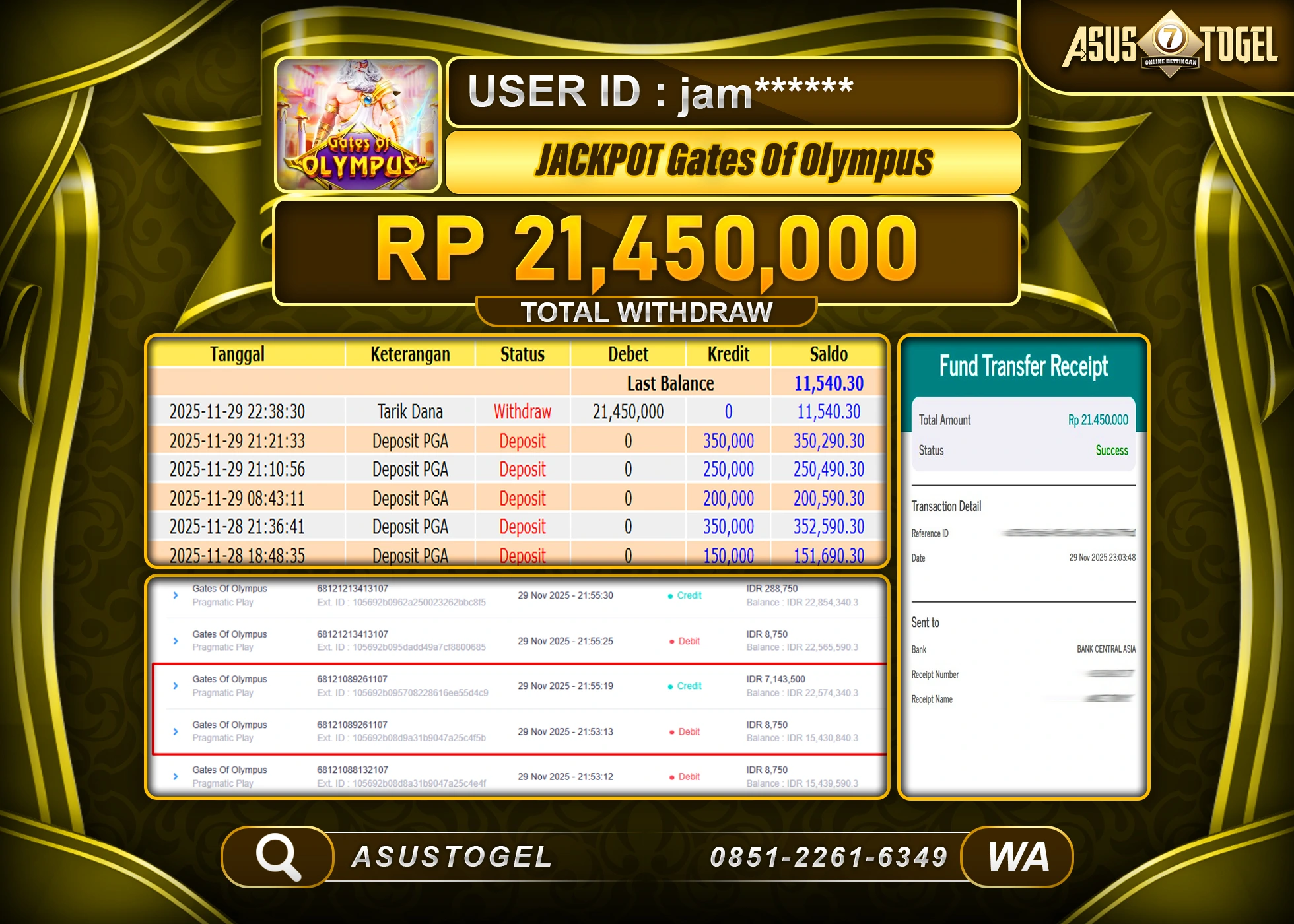 ASUSTOGEL KEMENANGAN DI SLOT GATES OF OLYMPUS SEBESAR 21,450,000 - RUPIAH LUNAS