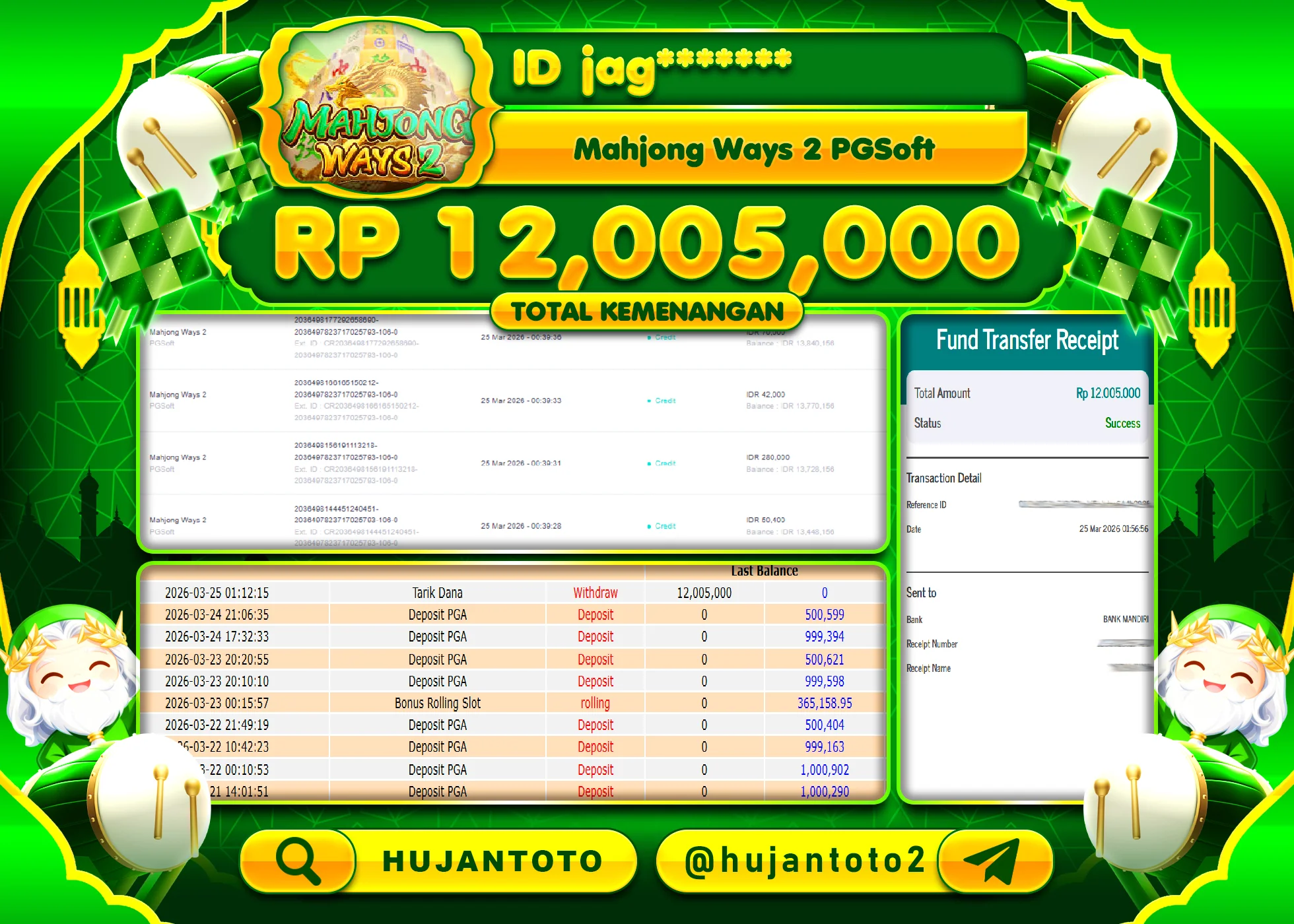 HUJANTOTO - BUKTI JACKPOT MENANG SLOT MAHJONG WAYS  2 Rp.12,005,000 - TERBAYAR LUNAS
