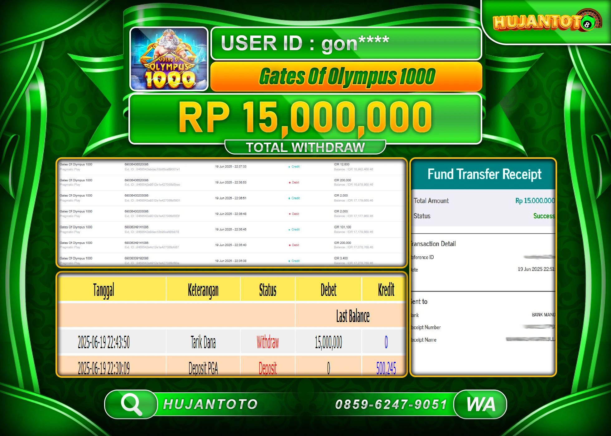 HUJANTOTO - BUKTI JACKPOT MENANG SLOT GATES OF OLYMPUS 1000 Rp.15,000,000 - TERBAYAR LUNAS