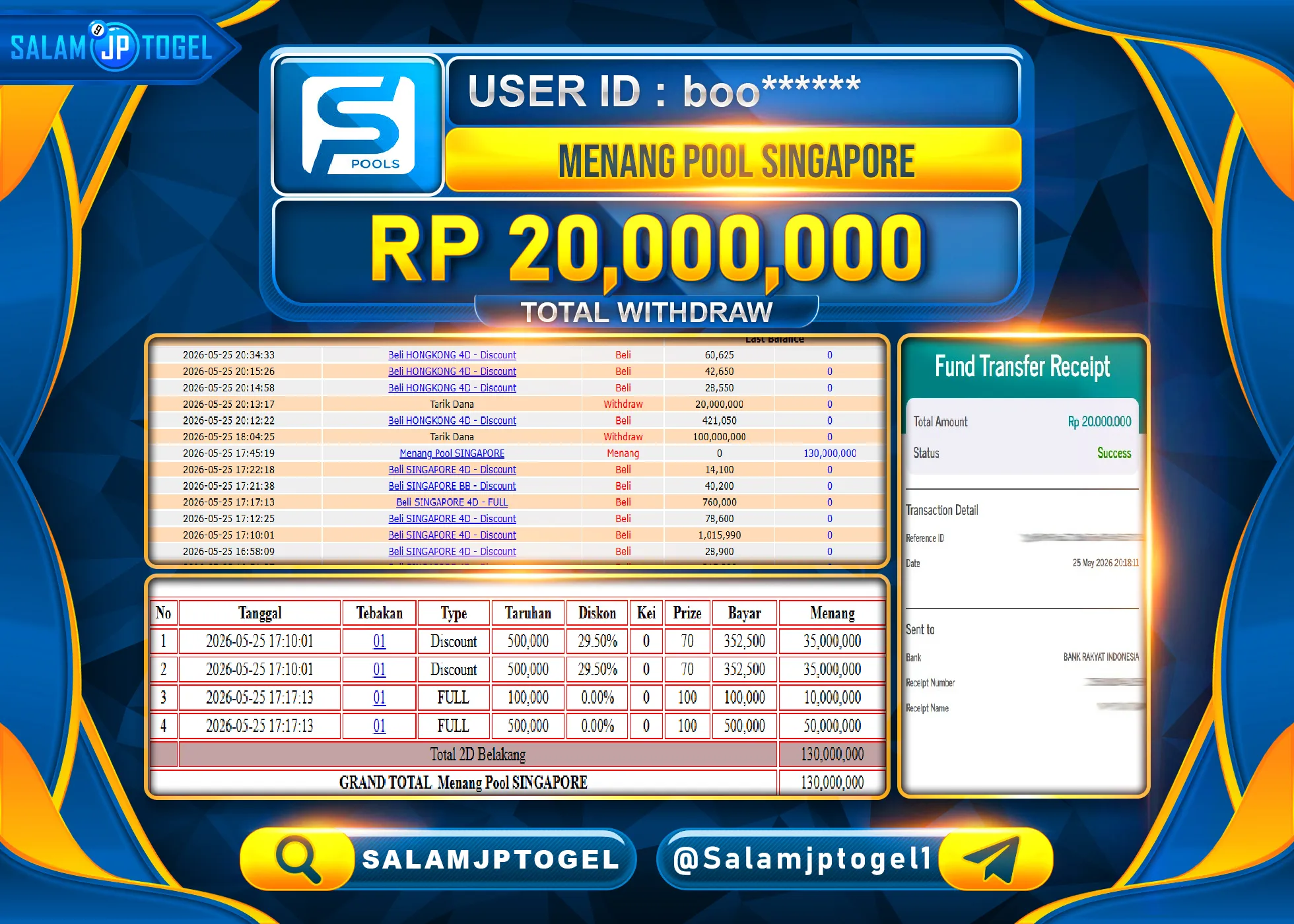 SALAMJPTOGEL JACKPOT Menang Pool SINGAPORE-Periode 1894 Rp.20,000,000 - LUNAS