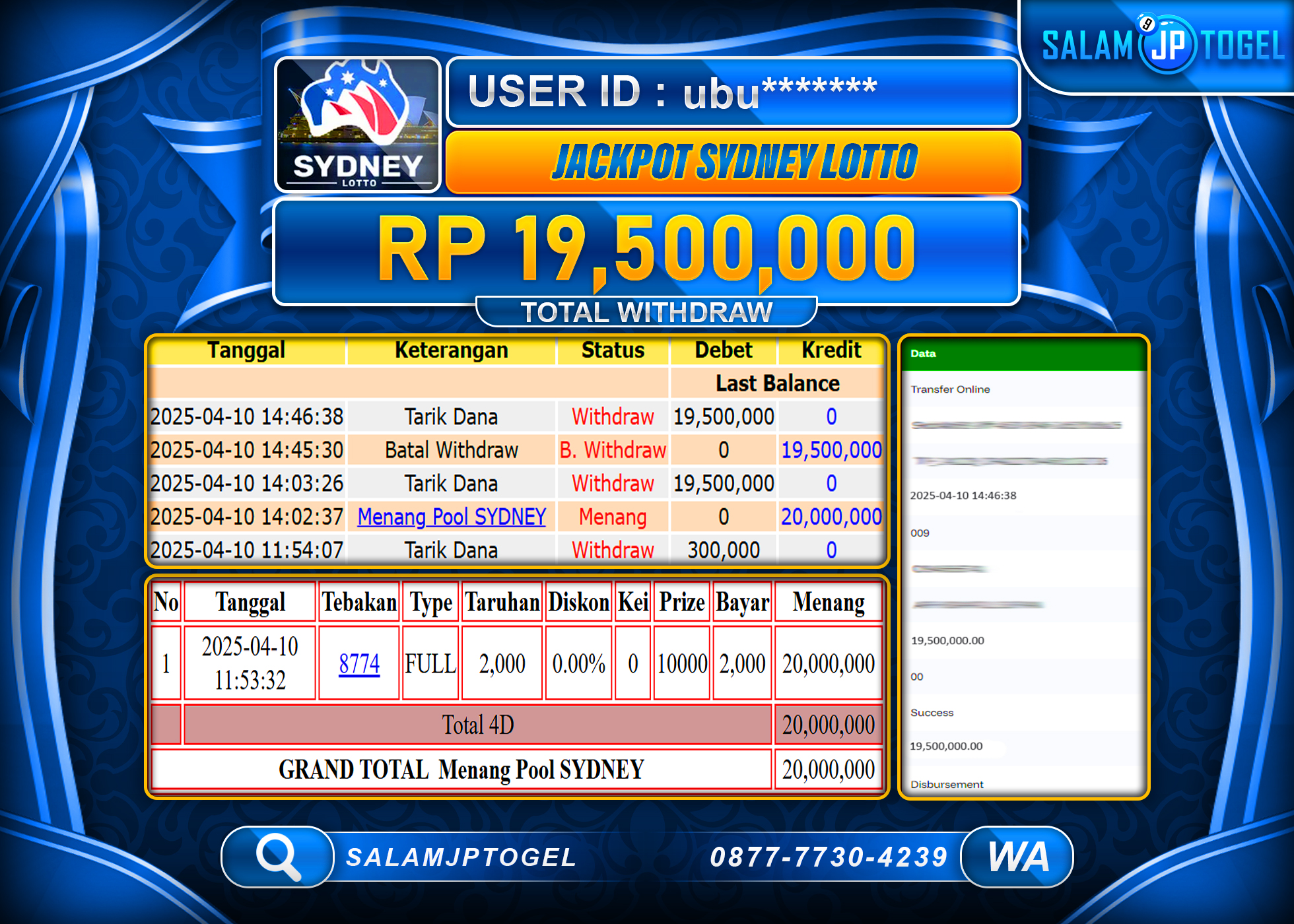 SALAMJPTOGEL MENANG SYDNEY LOTTO Rp. 19,500,000 LUNAS