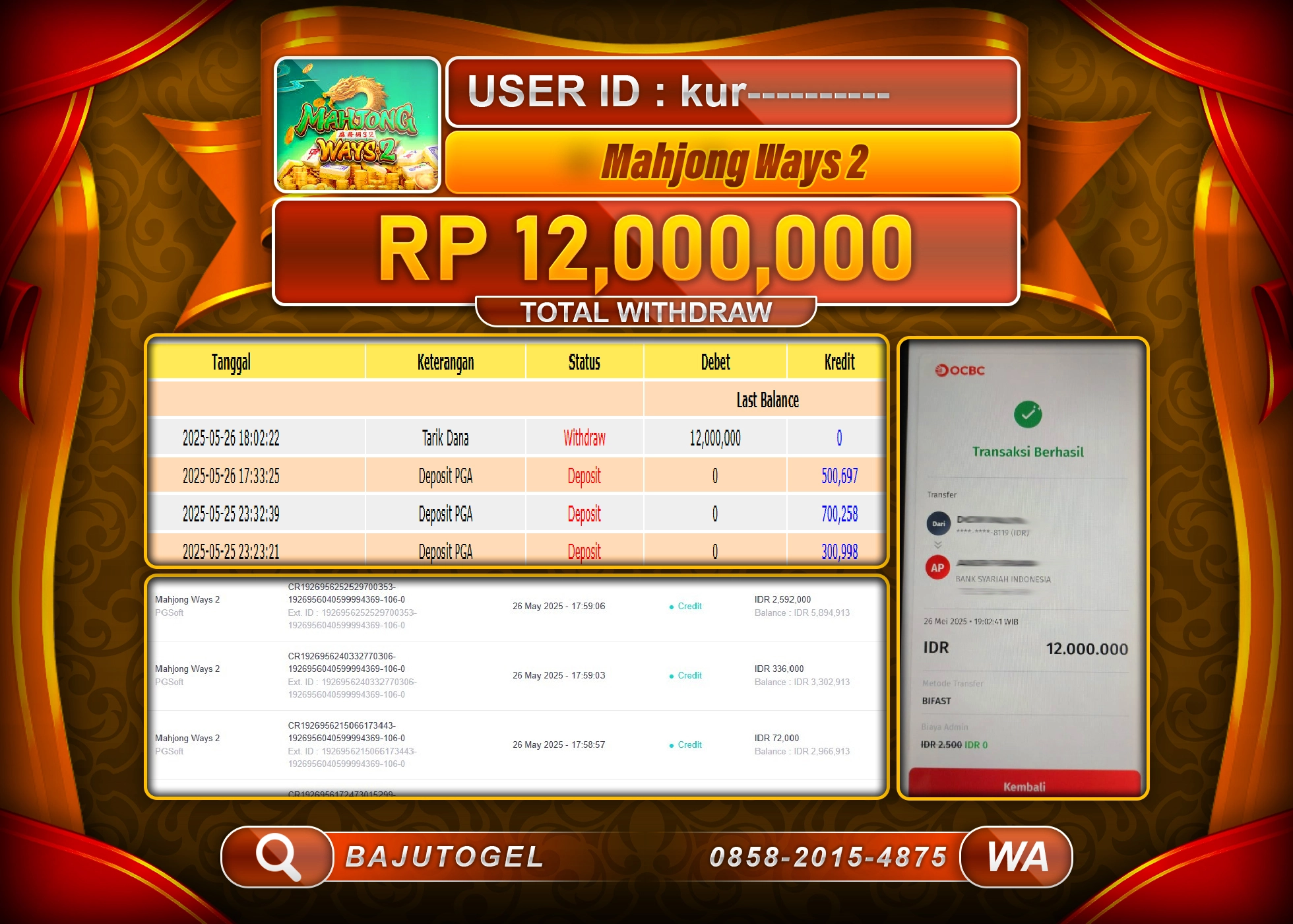 BAJUTOGEL KEMENANGAN  JACKPOT MAHJONG WAYS 2 Rp.12.000.000 LUNAS