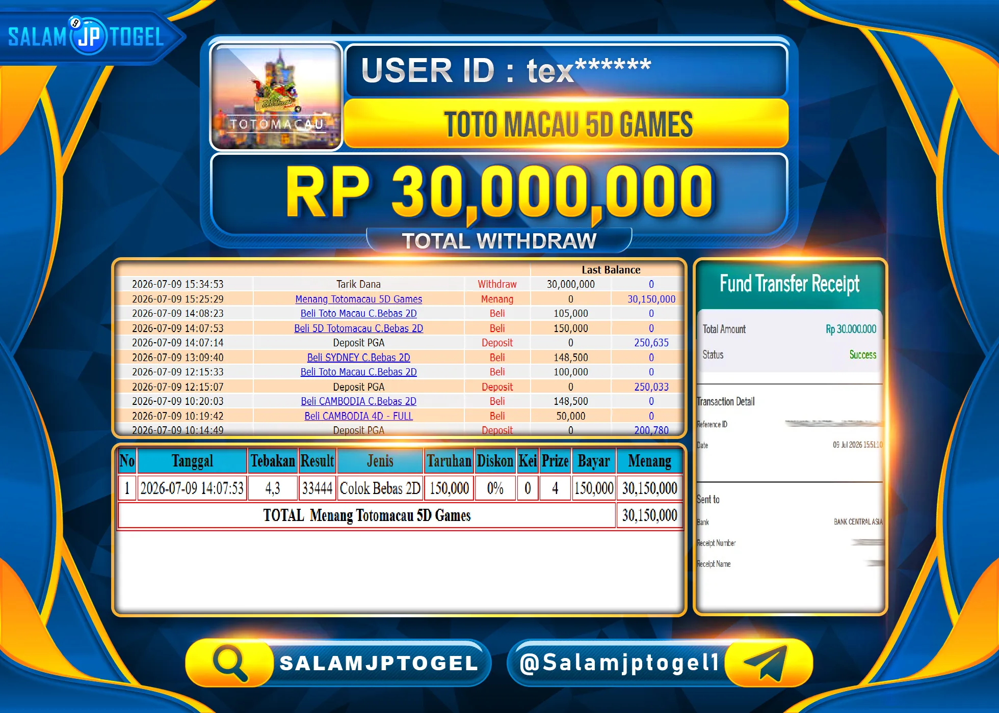 SALAMJPTOGEL JACKPOT MENANG TOGEL GACOR TOTO MACAU 5D GAMES Rp.30,000,000 - LUNAS