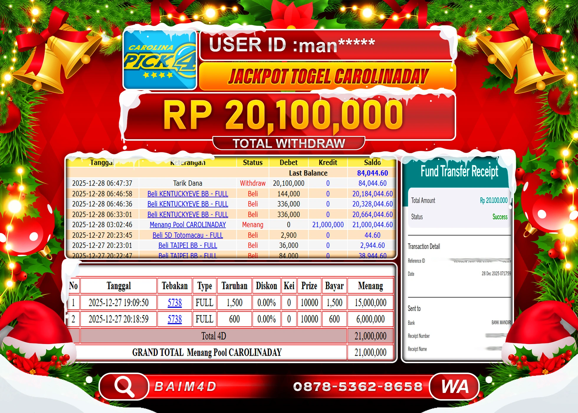BAIM4D JACKPOT TOGEL CAROLINADAY  Rp.20,100,000 - LUNAS