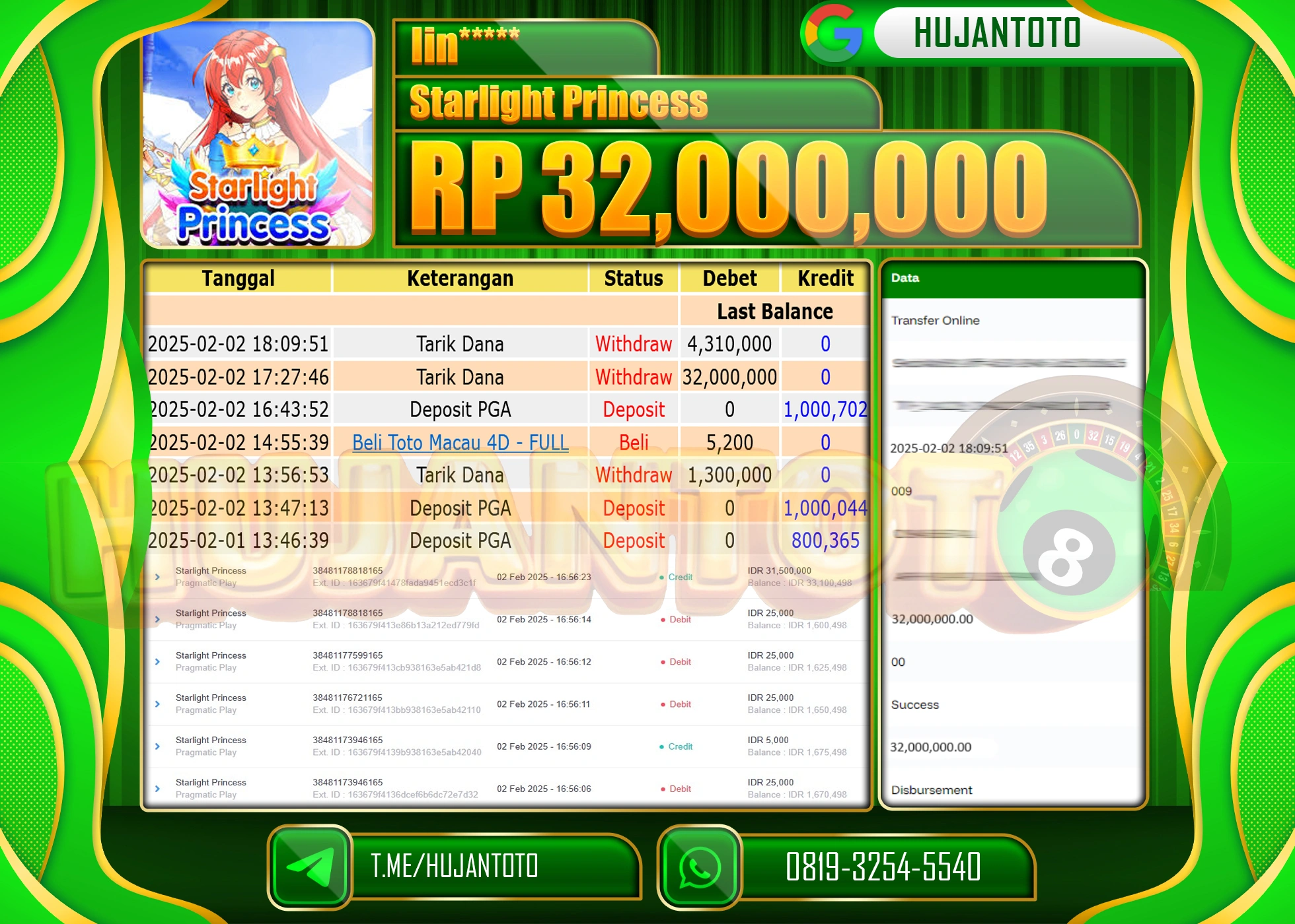 HUJANTOTO - BUKTI JACKPOT MENANG SLOT STARGLIGHT PRINCESS Rp,32,000,000 - TERBAYAR LUNAS