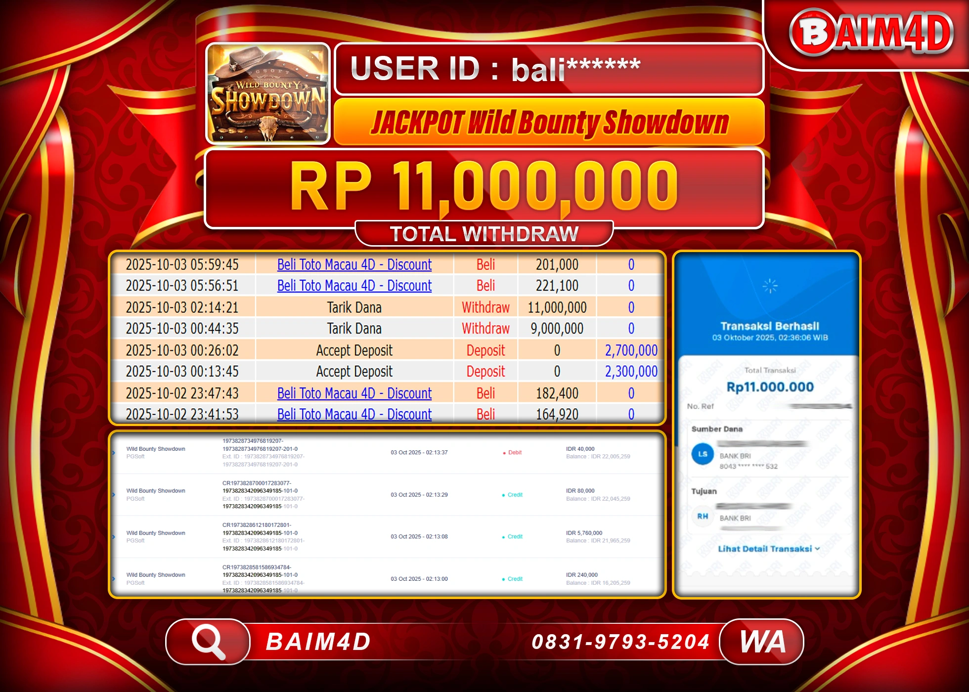BAIM4D JACKPOT SLOT WILD BOUNTY SHOWDOWN Rp.11,000,000.- LUNAS