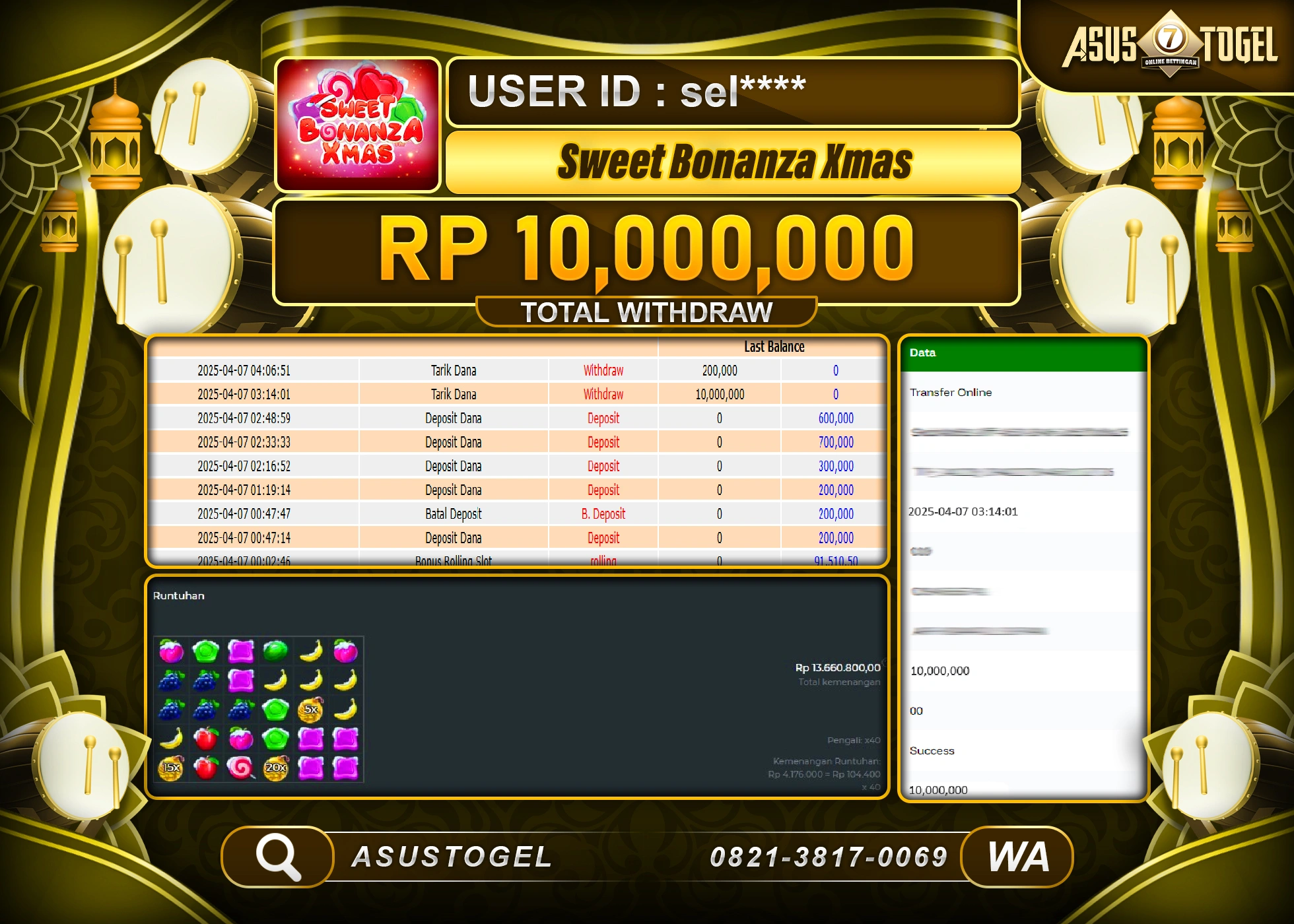 ASUSTOGEL KEMENANGAN DI SWEET BONANZA XMAS SEBESAR 10,000,000- RUPIAH LUNAS
