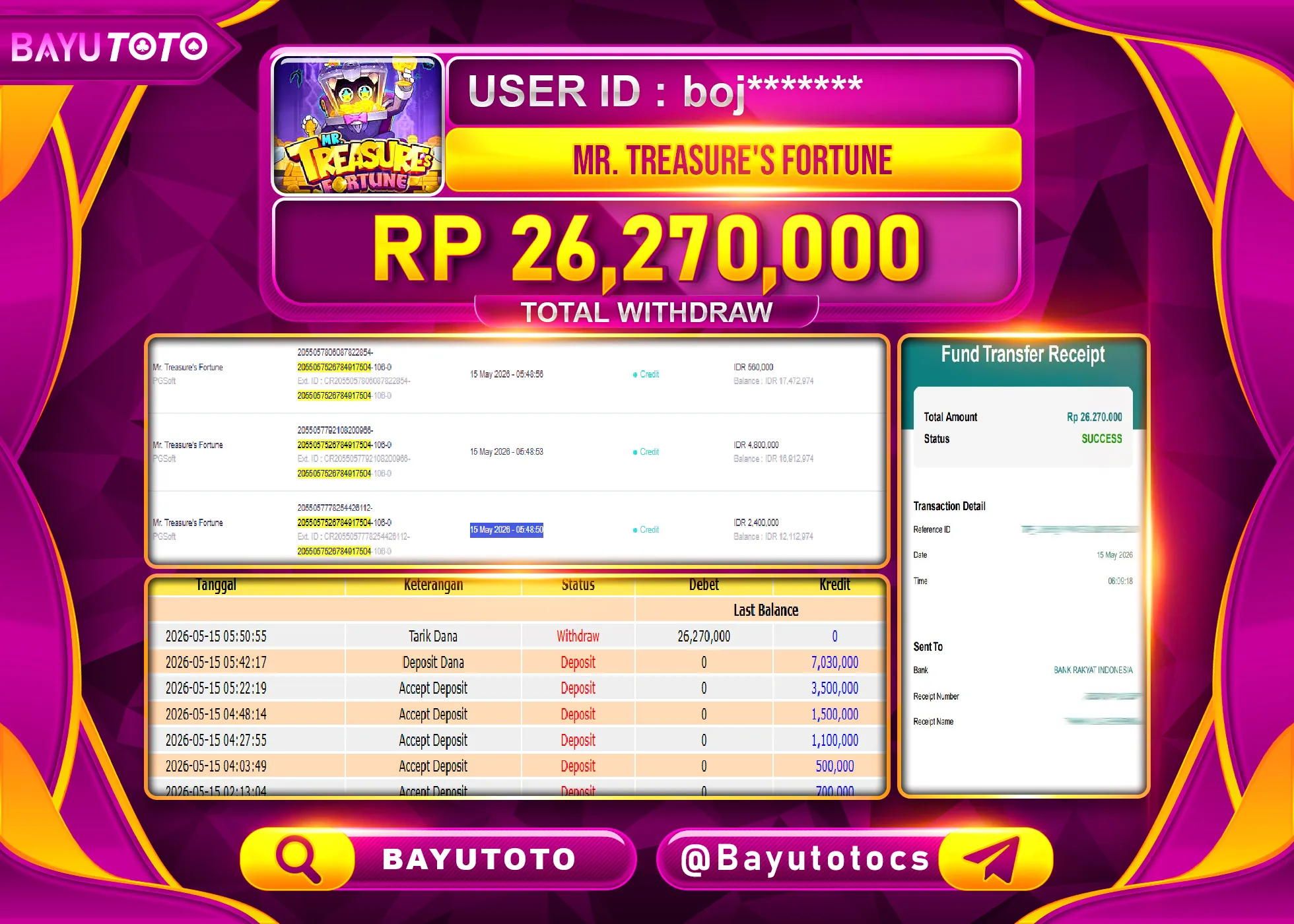 SELAMAT MEMBER SETIA BAYUTOTO JACKPOT DI SLOT MR TREASURES FORTUNE Rp. 26,270,000 LUNAS