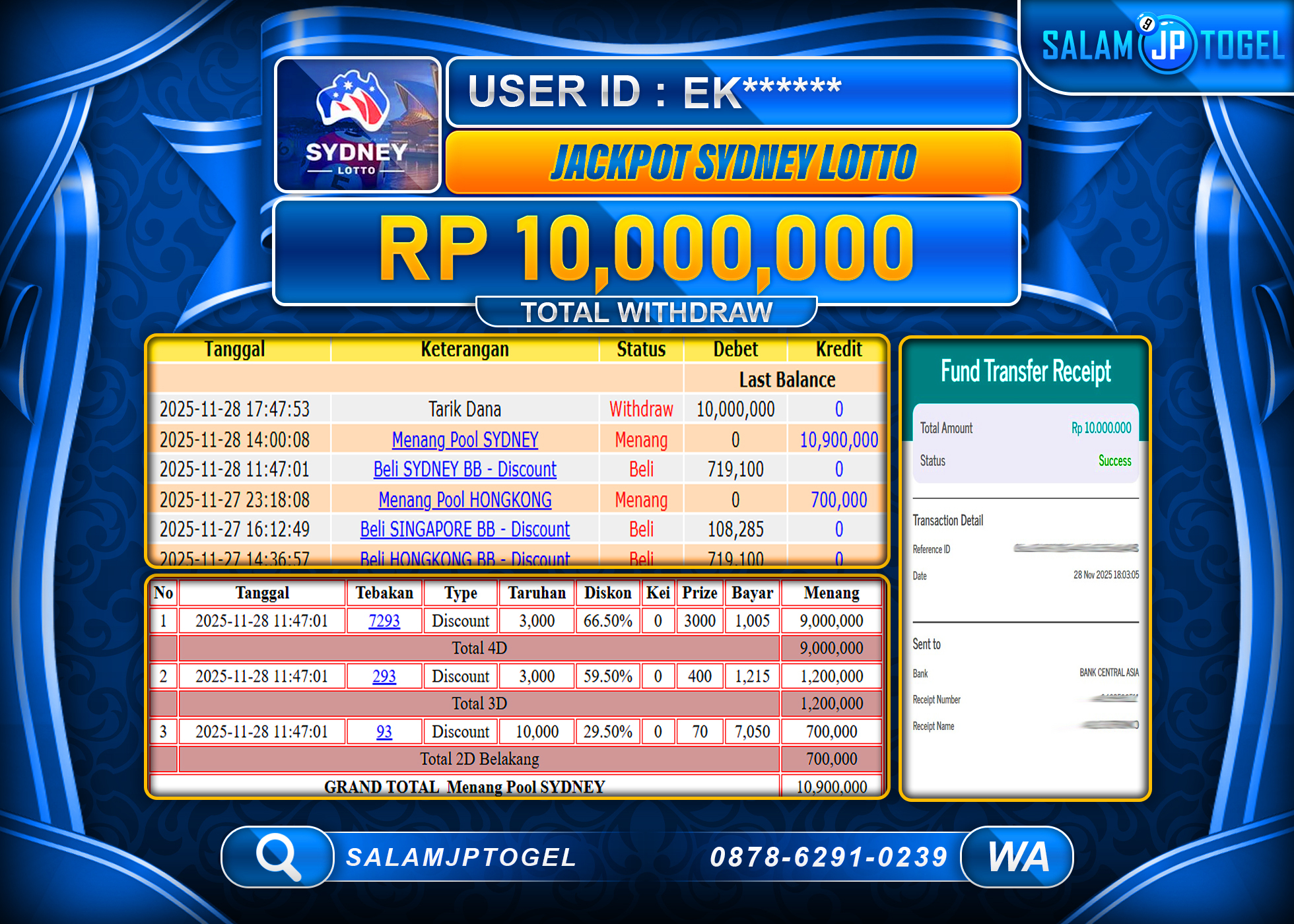 SALAMJPTOGEL JACKPOT TOGEL SYDNEY LOTTO  Rp.10,000,000  - LUNAS