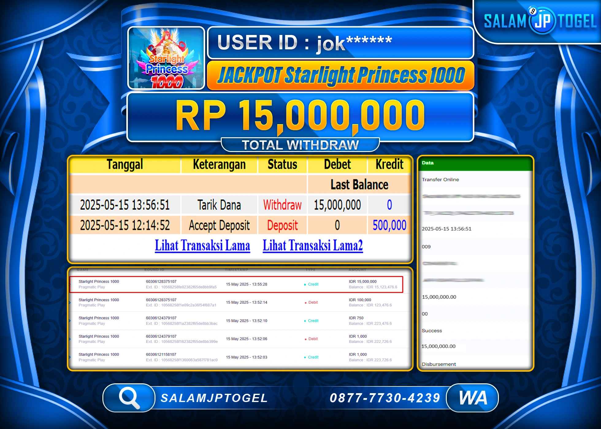 SALAMJPTOGEL MENANG STARLIGHT PRICESS 1000 Rp.15,000,000 LUNAS