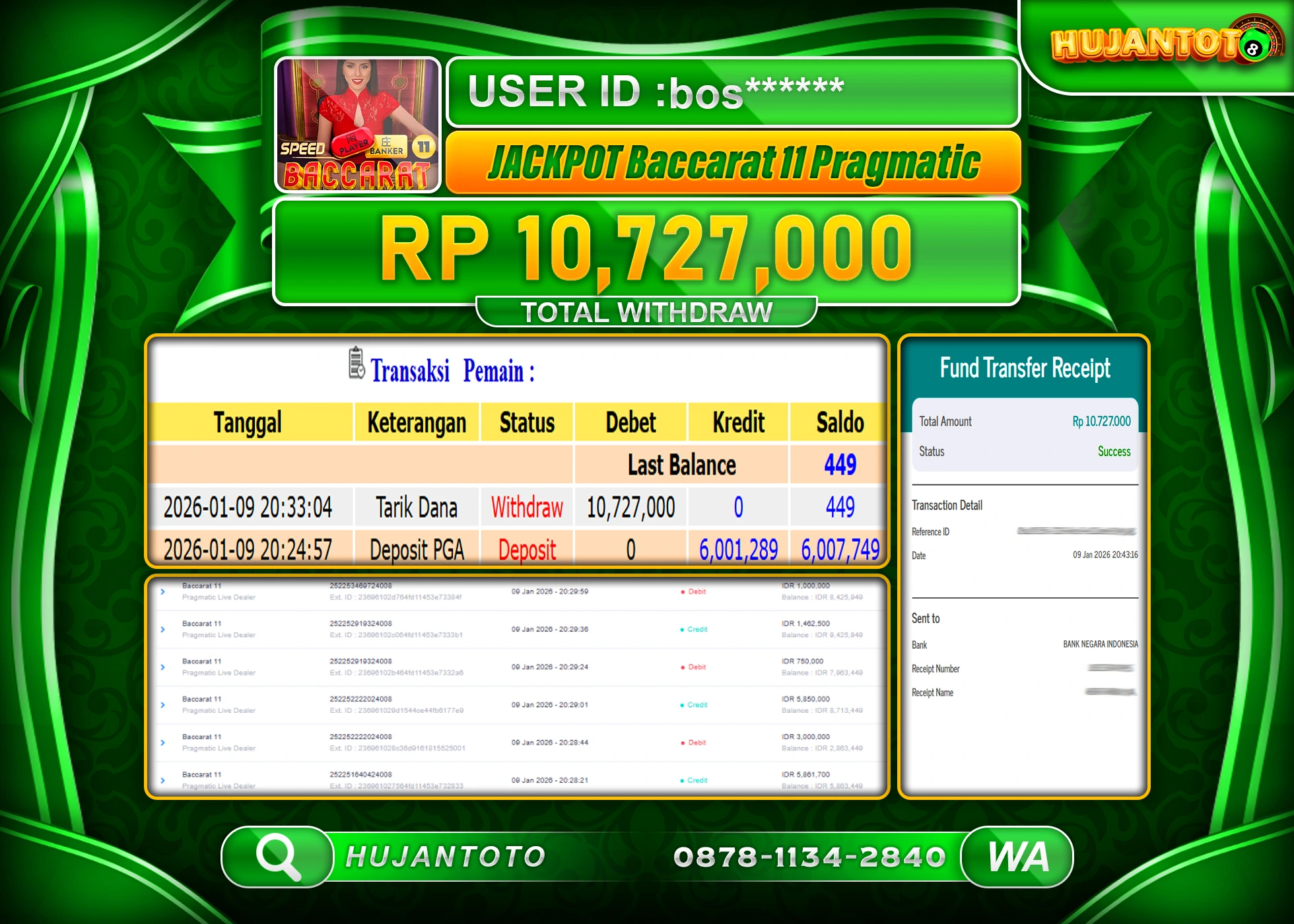 HUJANTOTO - BUKTI JACKPOT MENANG LIVEGAME BACCARAT 11 PRAGMATIC Rp.10,727,000 - TERBAYAR LUNAS