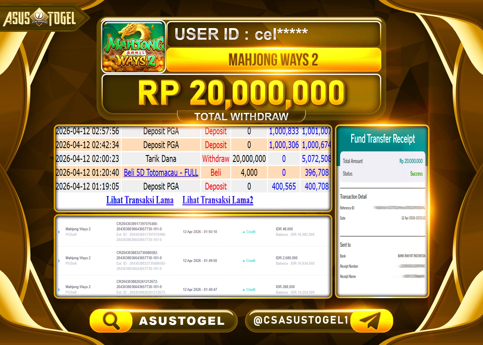 ASUSTOGEL KEMENANGAN JACKPOT DI PERMAINAN SLOT MAHJONG WAYS PG SOFT SEBESAR Rp.20,000,000 - RUPIAH LUNAS