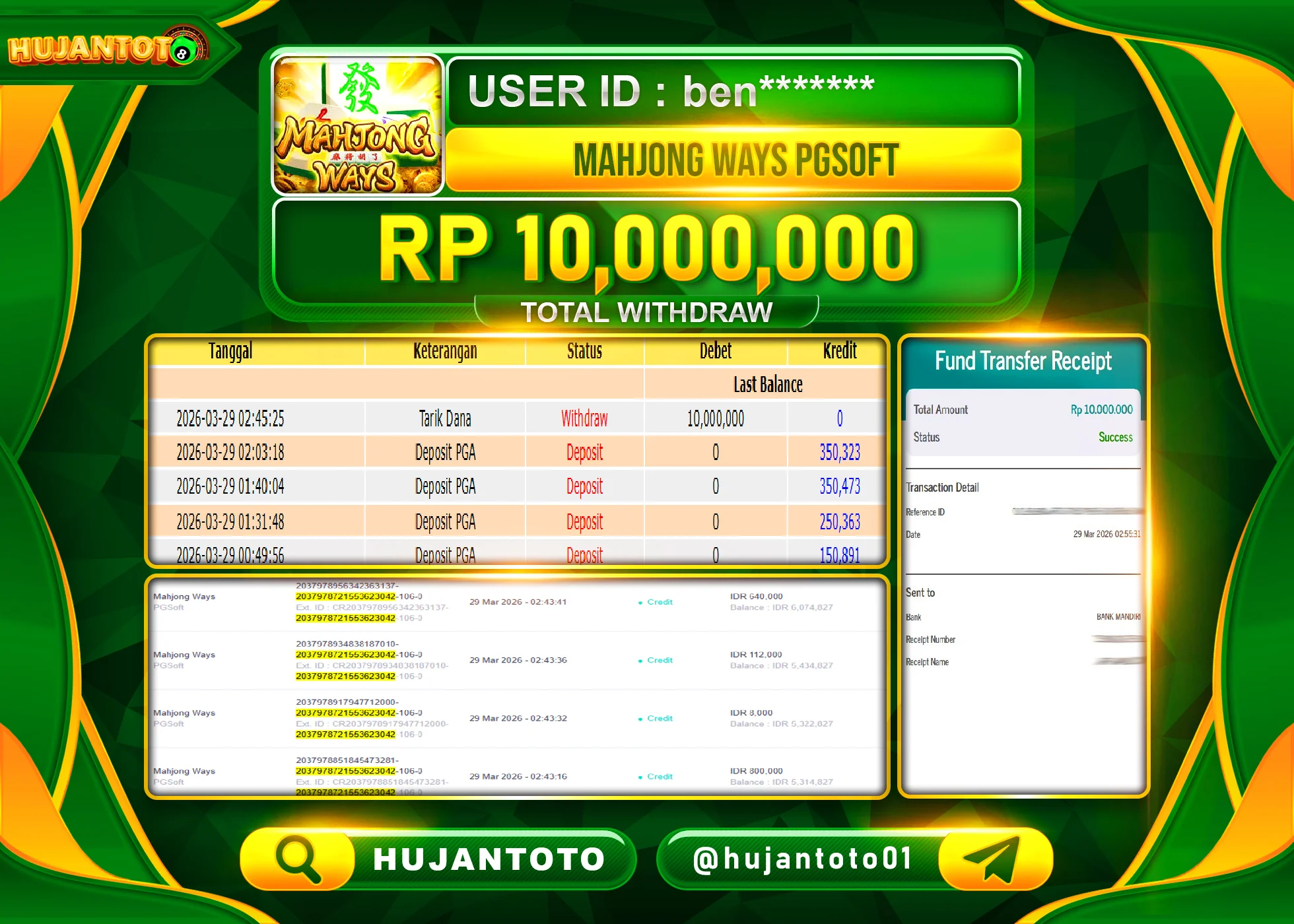 HUJANTOTO - BUKTI JACKPOT MENANG SLOT MAHJONG WAYS    Rp.10,000,000 - TERBAYAR LUNAS
