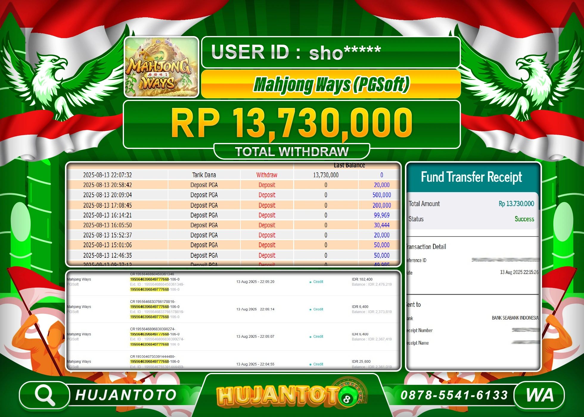 HUJANTOTO - BUKTI JACKPOT MENANG SLOT MAHJONG WAYS Rp.13,730,000 - TERBAYAR LUNAS