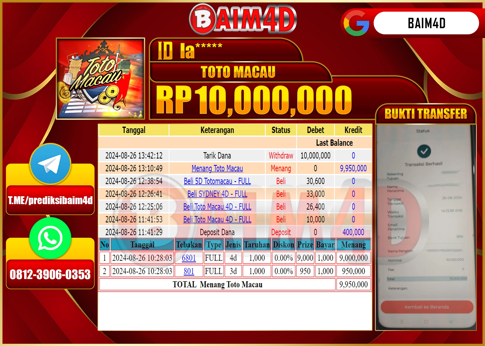 BAIM4D JACKPOT MENANG TOTO MACAU Rp.10.000,000.- LUNAS