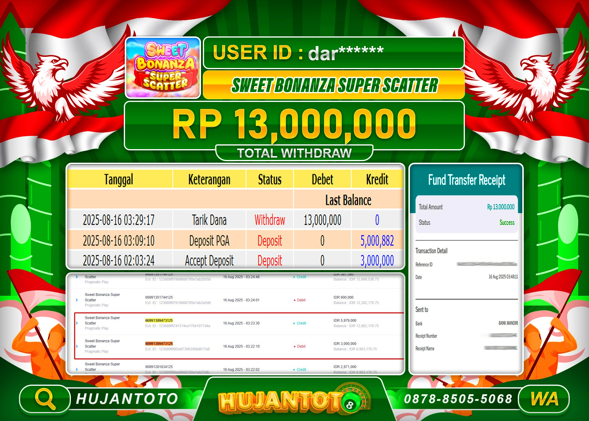 HUJANTOTO - BUKTI JACKPOT MENANG SLOT SWEET BONANZA SUPER SCETTER Rp.13,000,000 - TERBAYAR LUNAS