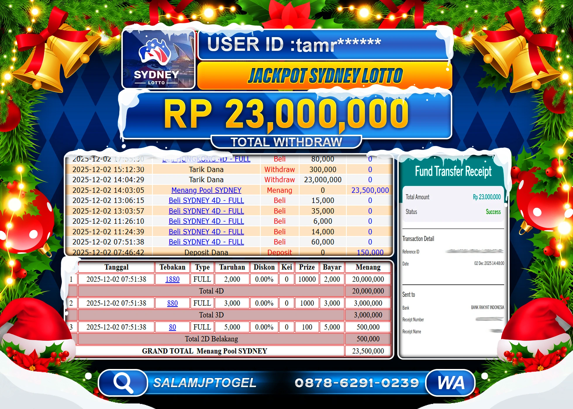 SALAMJPTOGEL MENANG JACKPOT SYDNEY LOTTO Rp.23,000,000  - LUNAS