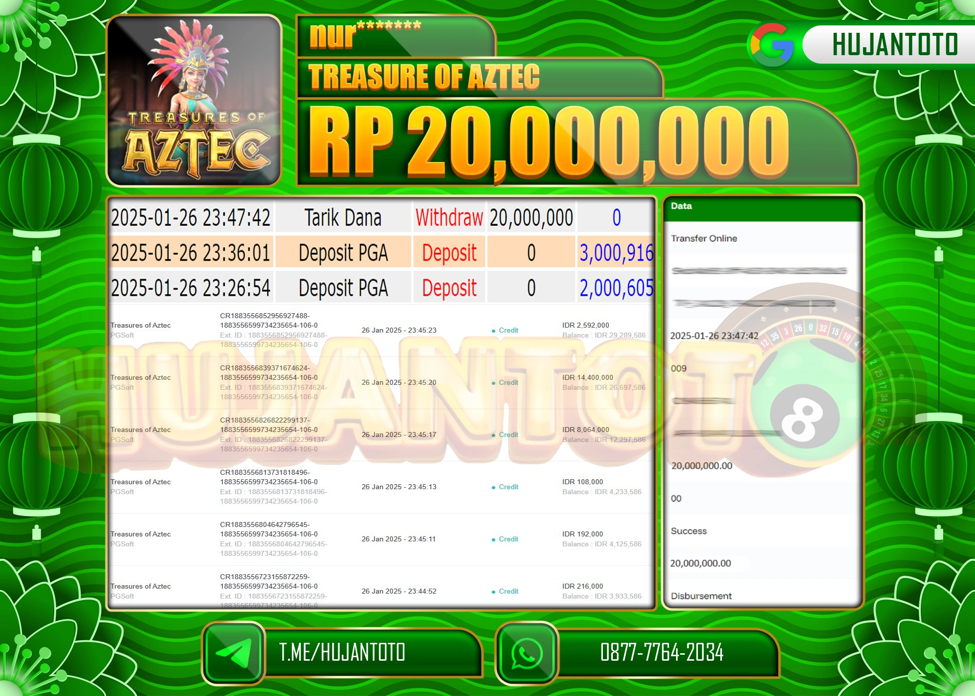 HUJANTOTO - BUKTI JACKPOT MENANG SLOT TREASURE OF AZTEC Rp,20,000,000 - TERBAYAR LUNAS