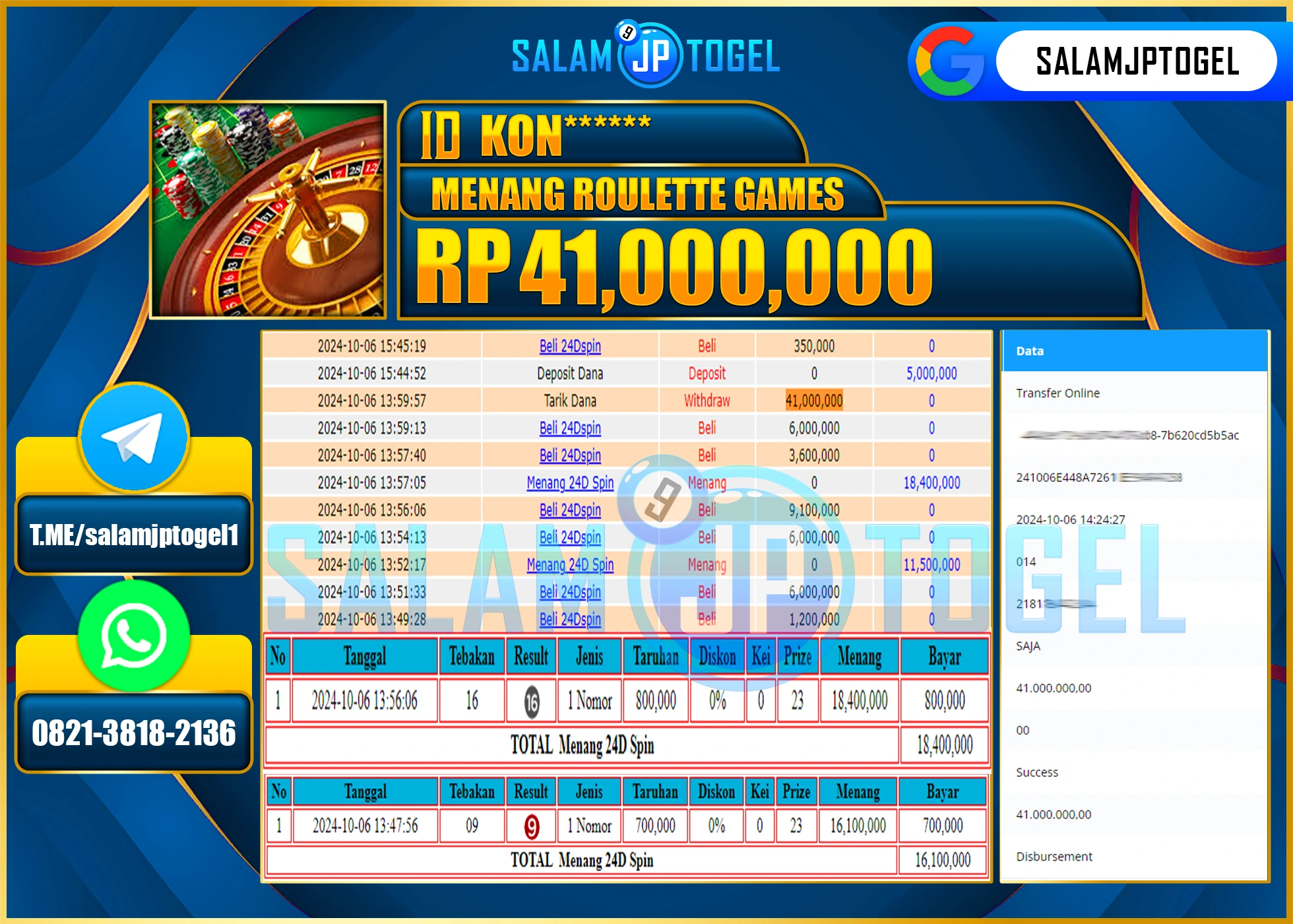 SALAMJPTOGEL MENANG LIVEGAMES ROULETTE GAMES RP. 41,000,000 LUNAS