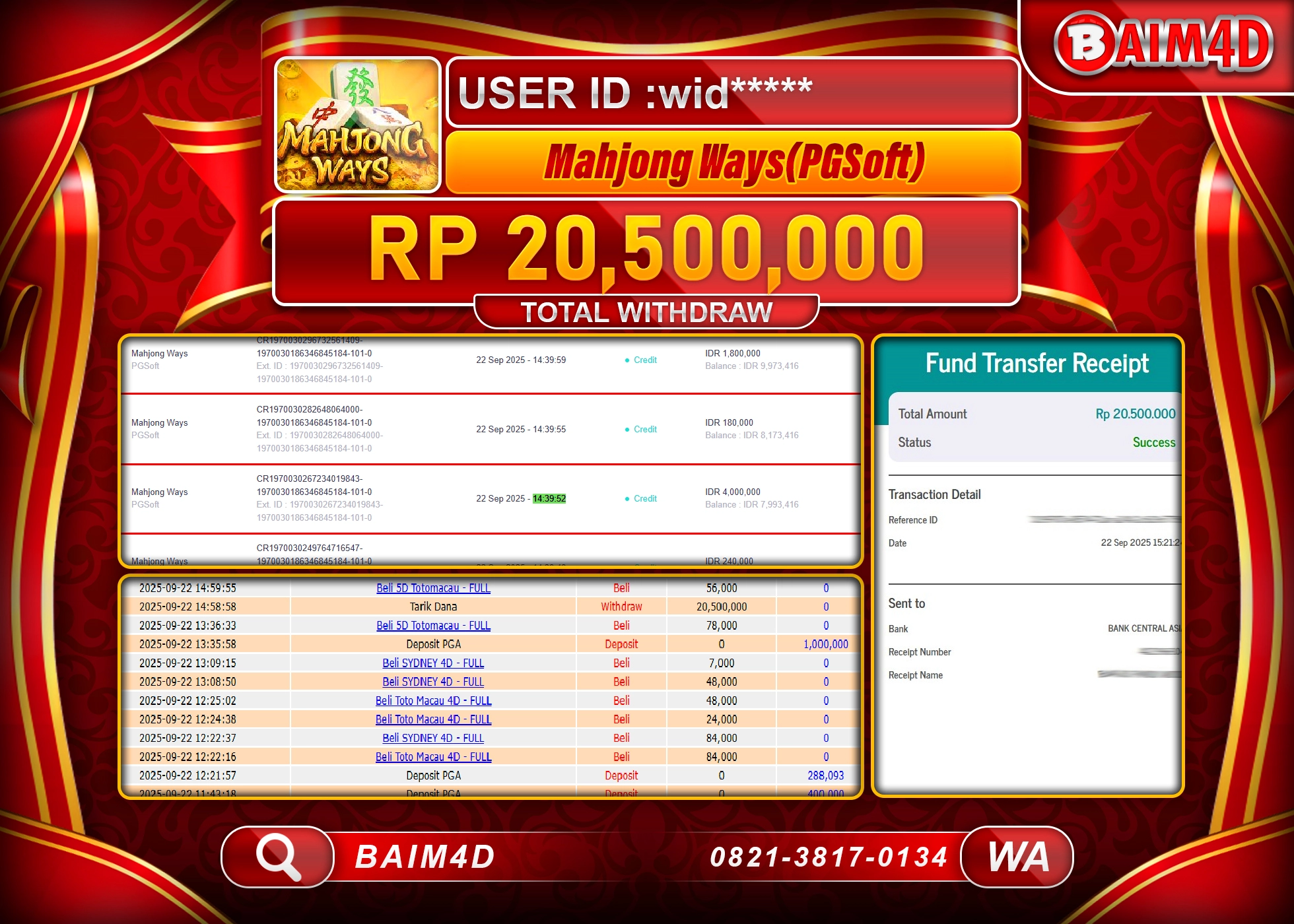 BAIM4D JACKPOT SLOT MAHJONG WAYS PG SOFT Rp.20,500,000.- LUNAS