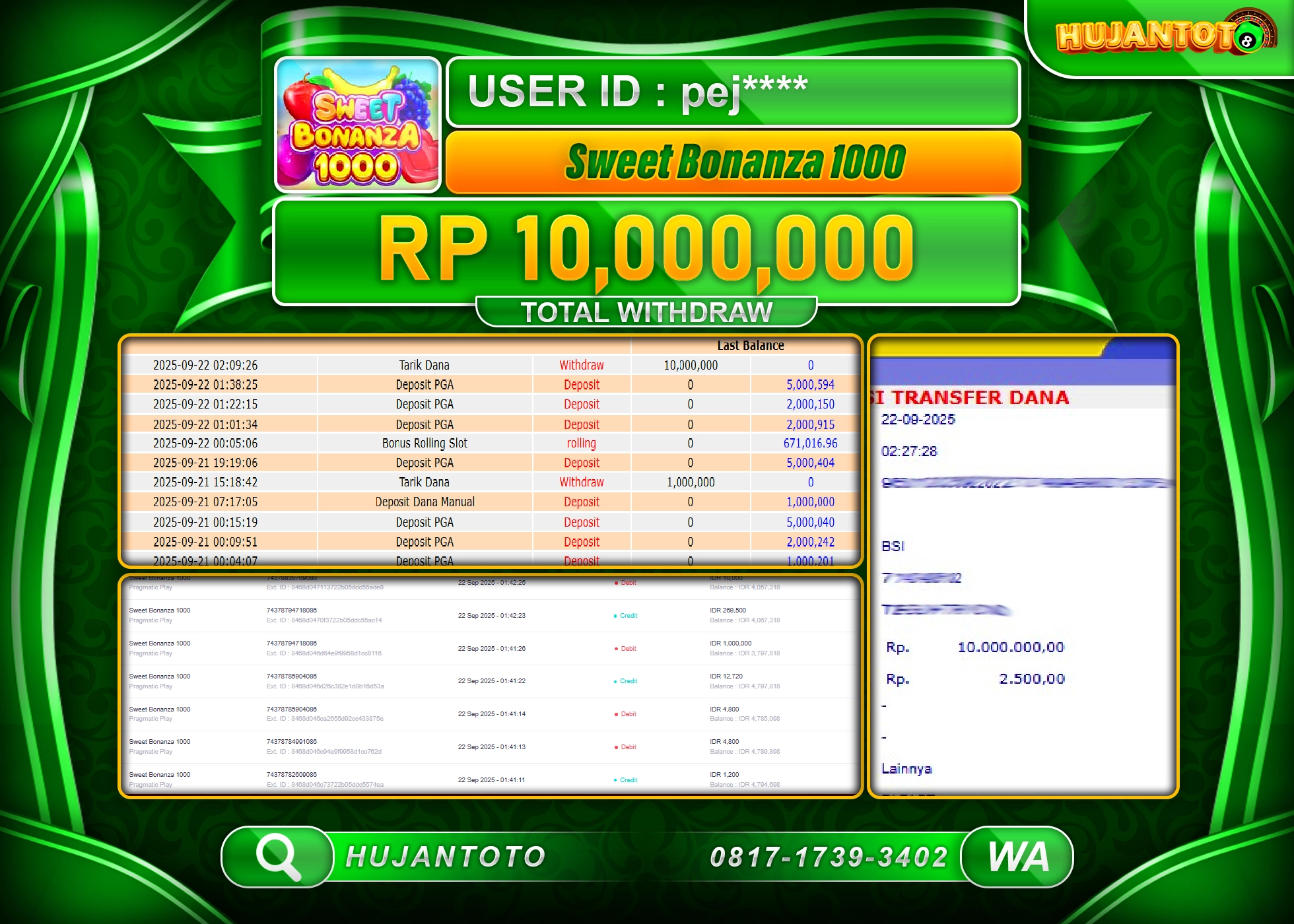 HUJANTOTO - BUKTI JACKPOT MENANG SLOT SWEET BONANZA 1000 Rp.10,000,000 - TERBAYAR LUNAS