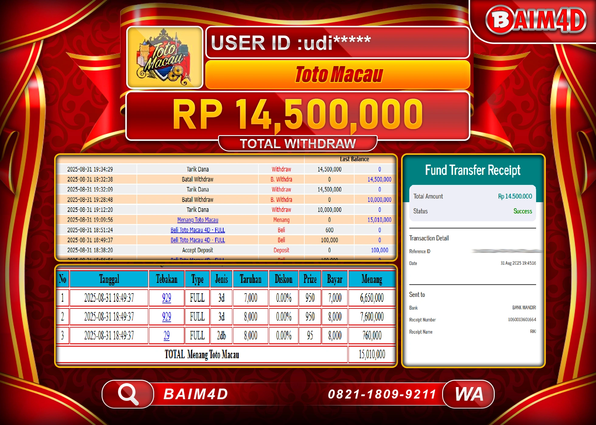 BAIM4D JACKPOT MENANG TOGEL TOTO MACAU Rp.14,500,000.- LUNAS