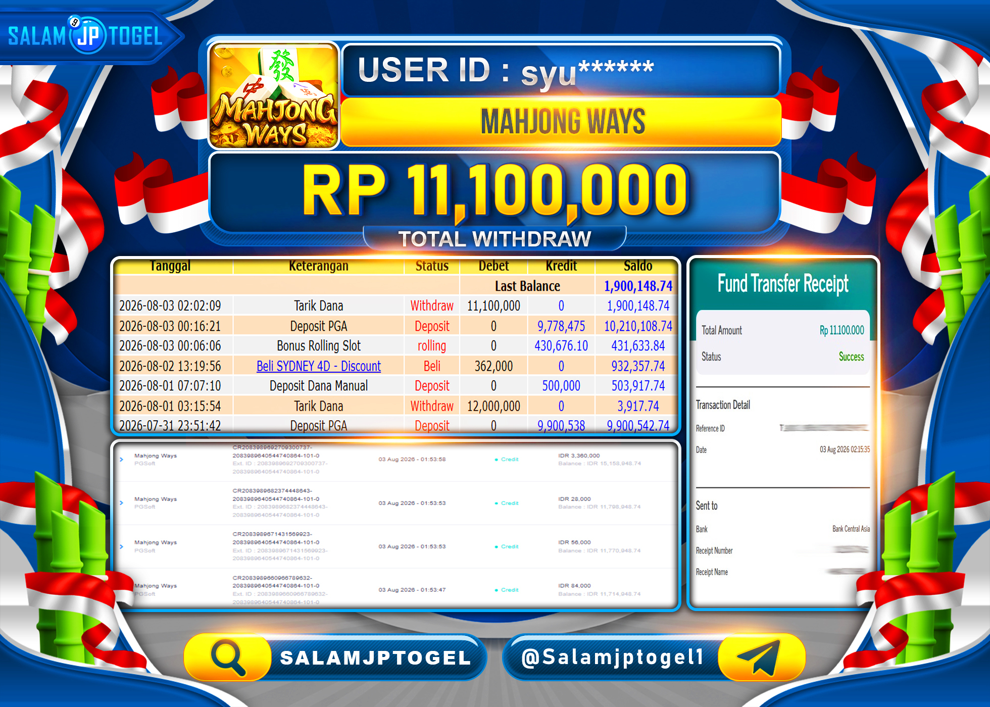 SALAMJPTOGEL JACKPOT MENANG MAHJONG WAYS ( PG Soft )  Rp.11,100,000 - LUNAS