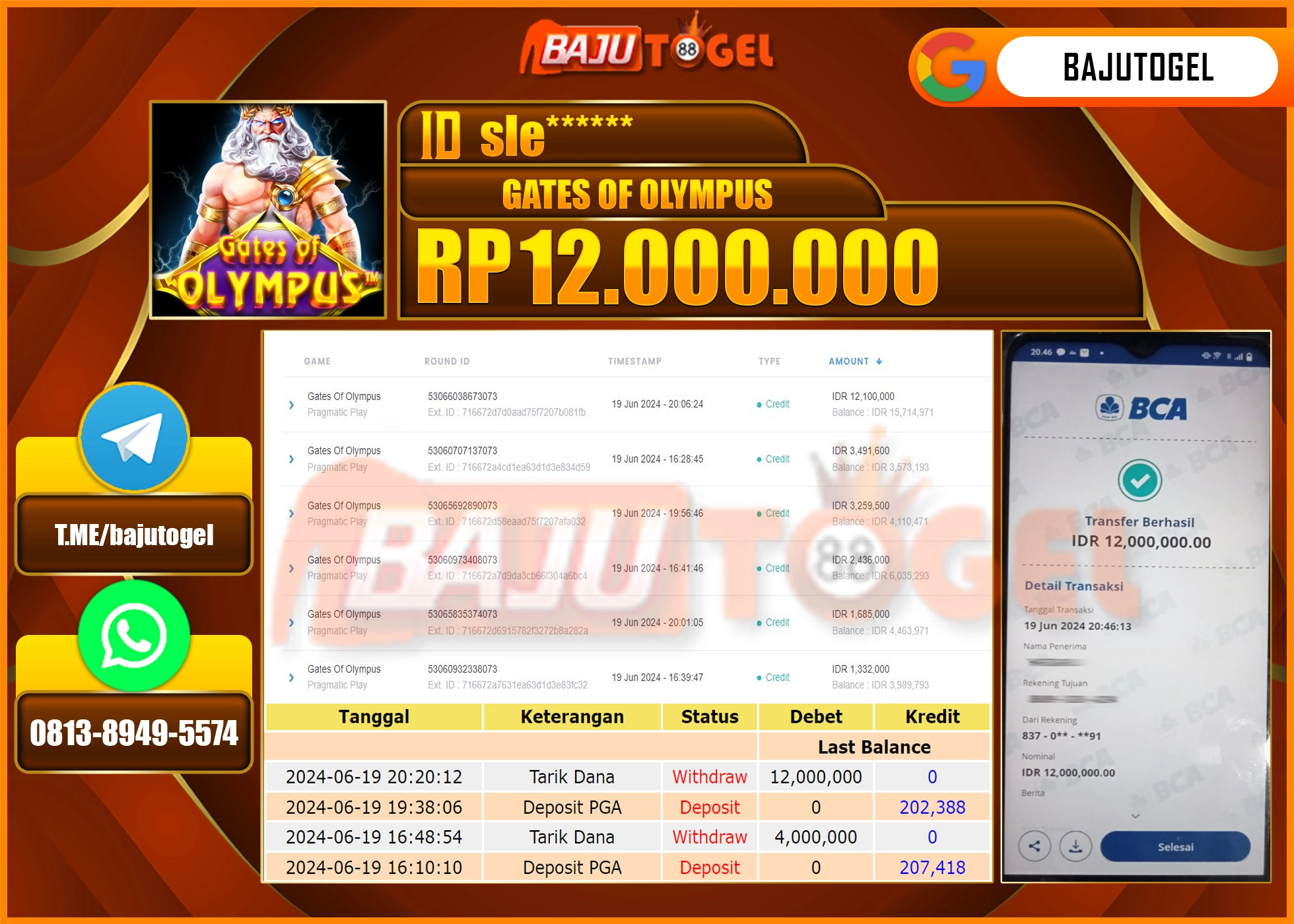 BAJUTOGEL   JACKPOT SLOT GATES OF OLYMPUS  Rp.12.000.000  LUNAS