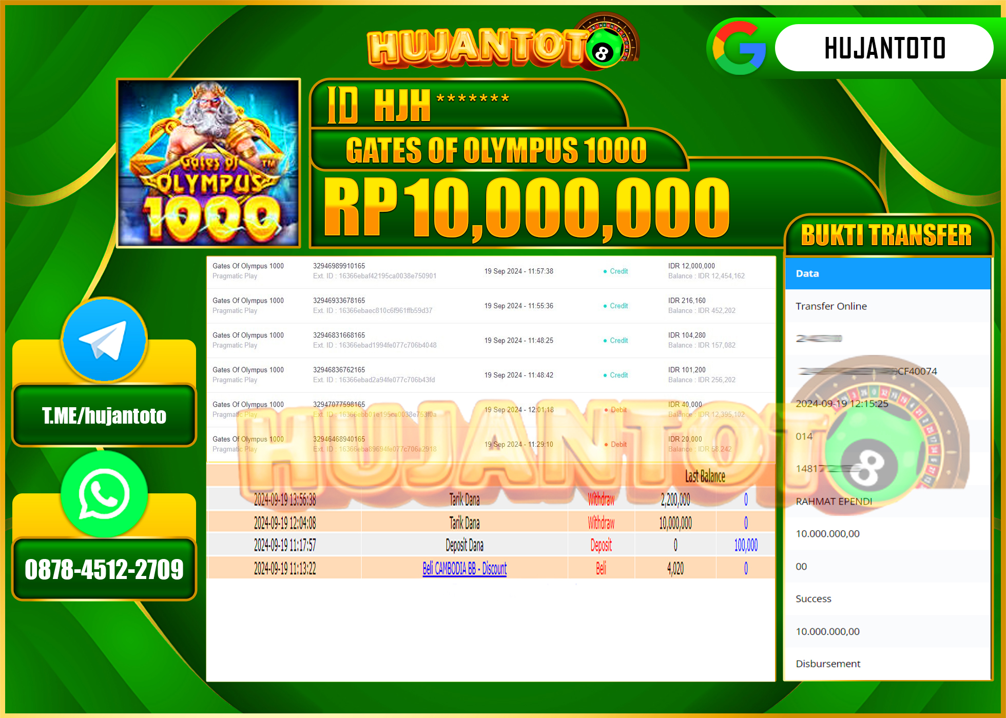 HUJANTOTO MENANG BESAR DI PERMAINAN SLOT GATES OF OLYMPUS 1000  , 10,000,000 - LUNAS 