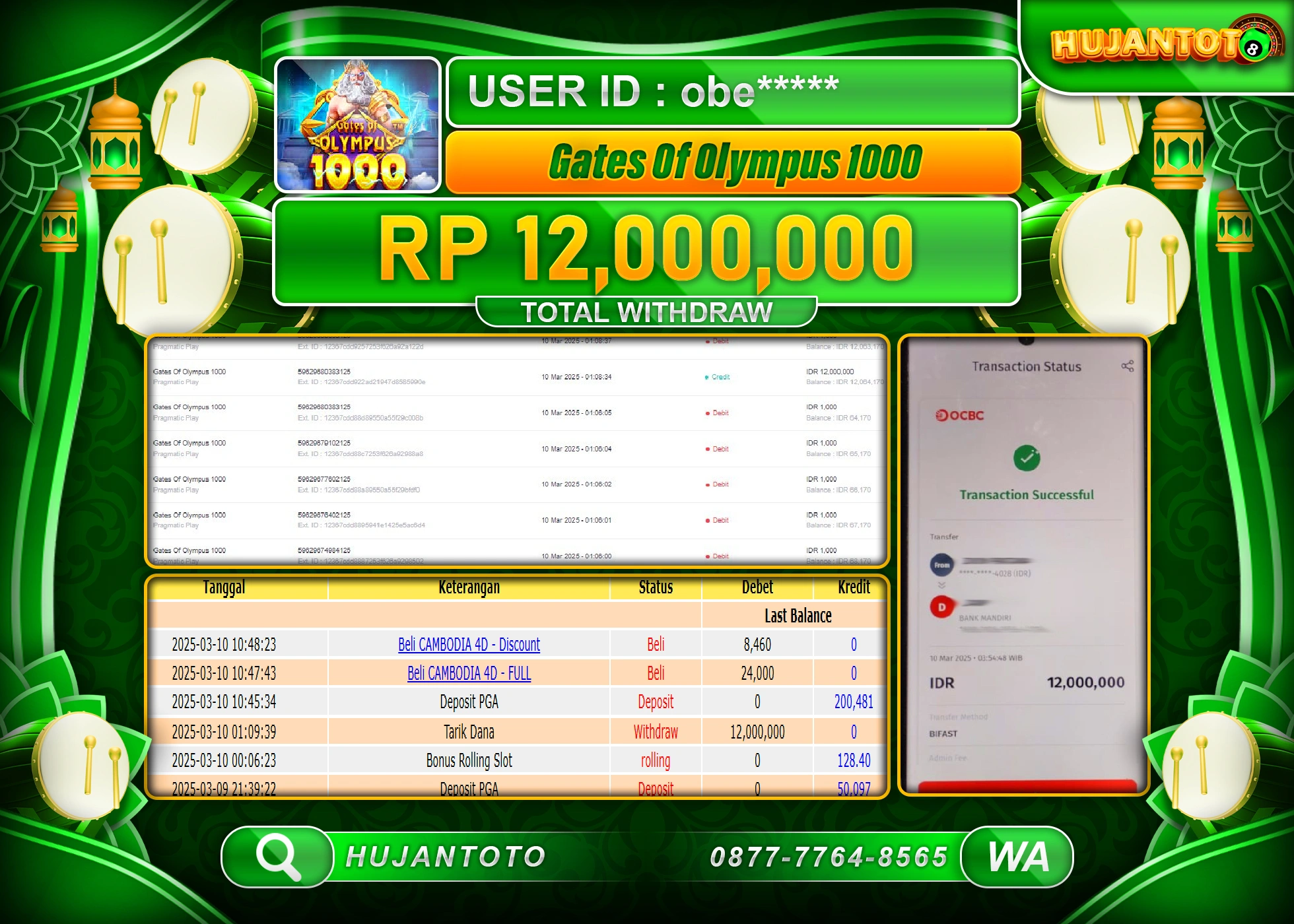 HUJANTOTO - BUKTI JACKPOT MENANG SLOT GATES OF OLYMPUS 1000 Rp,12,000,000 - TERBAYAR LUNAS