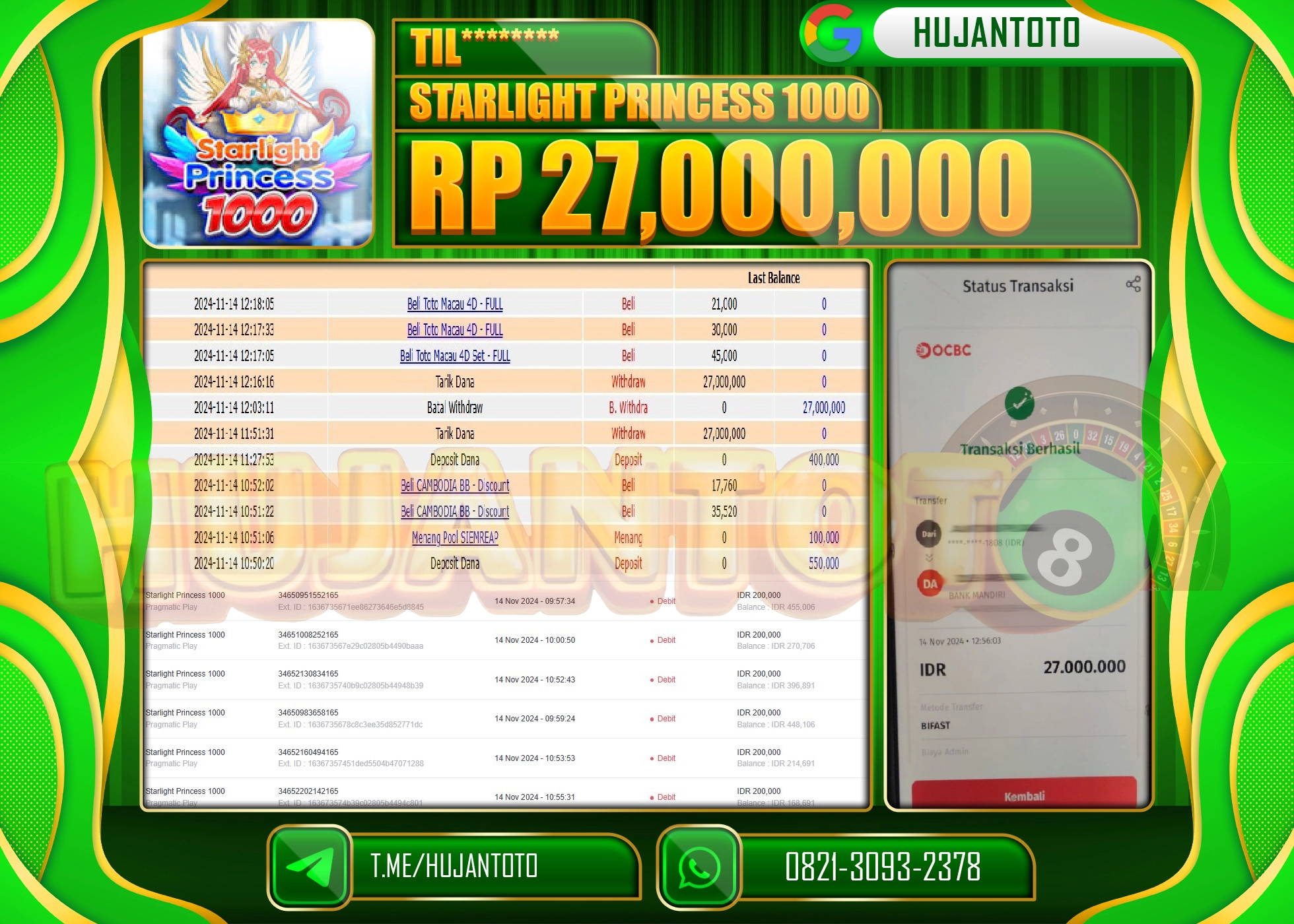 HUJANTOTO MENANG DI RAIH DI PERMAINAN STARLIGHT PRINCESS 1000 - 27,000,000 - LUNAS