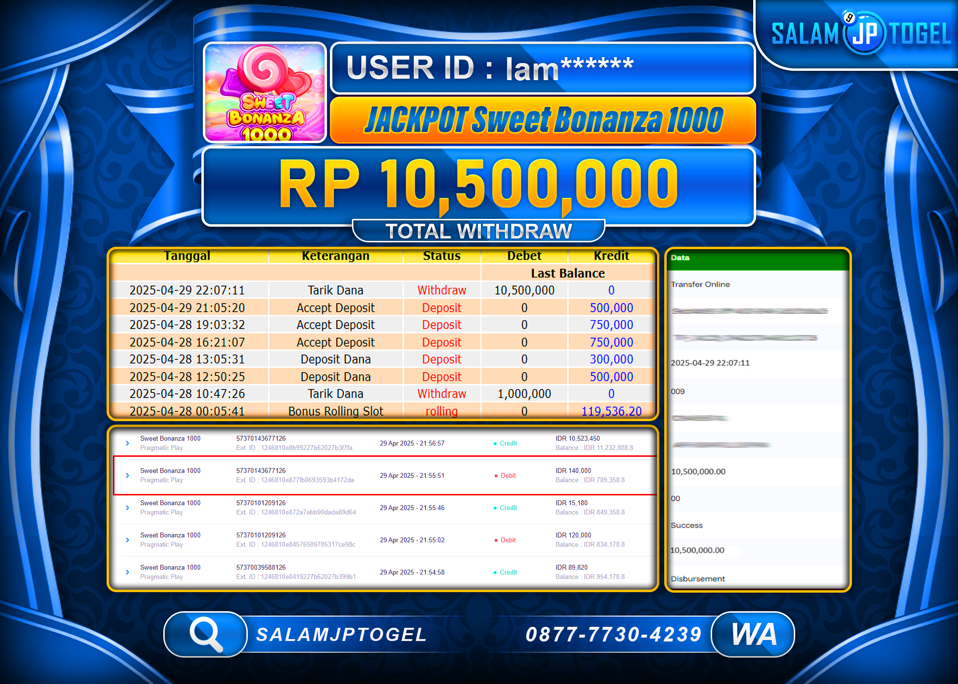 SALAMJPTOGEL MENANG SWEET BONANZA 1000 Rp.10,500,000 LUNAS
