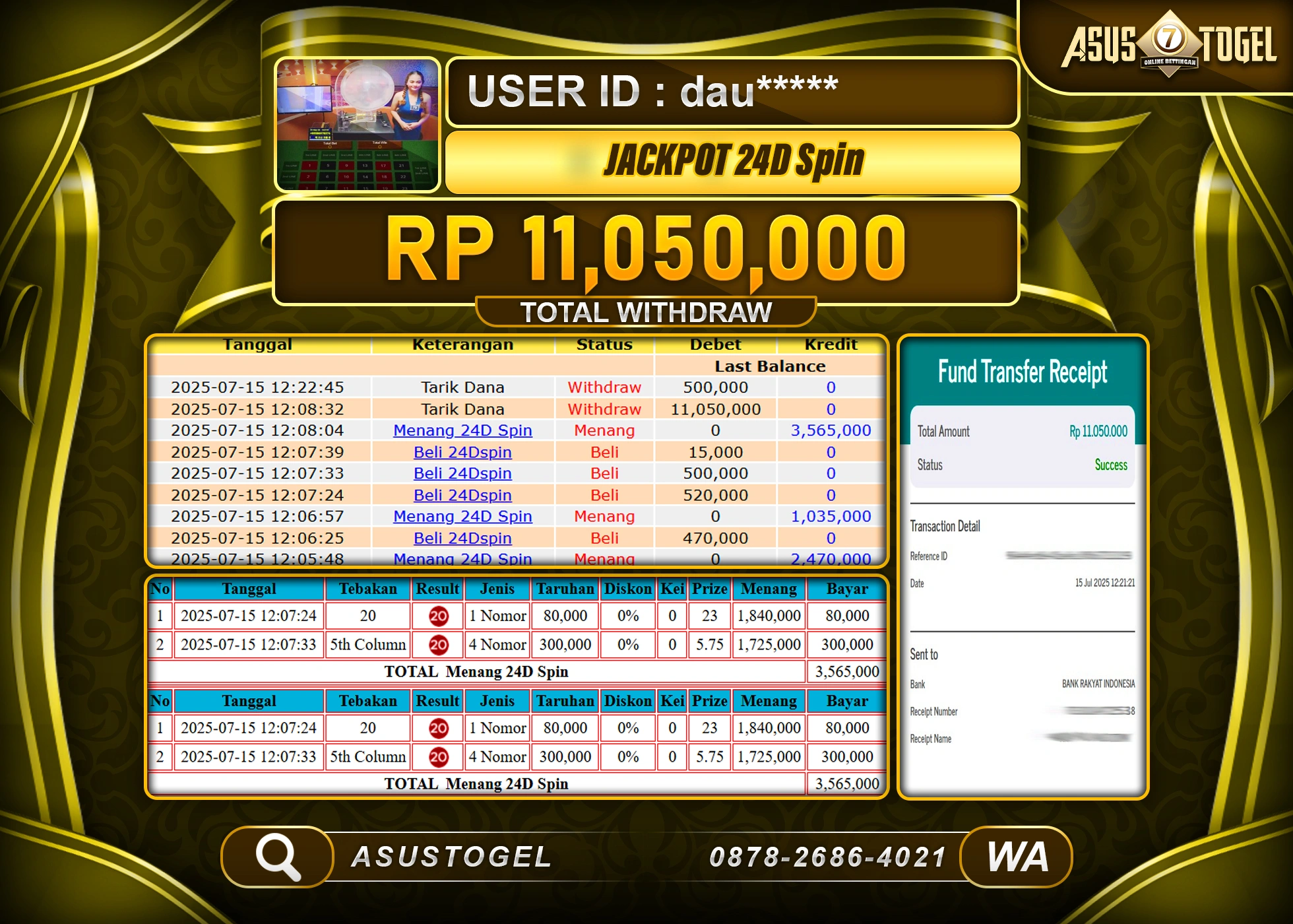 ASUSTOGEL KEMENANGAN DI LIVEGAME  24D SPIN GAMES SEBESAR 11,050,000- RUPIAH LUNAS