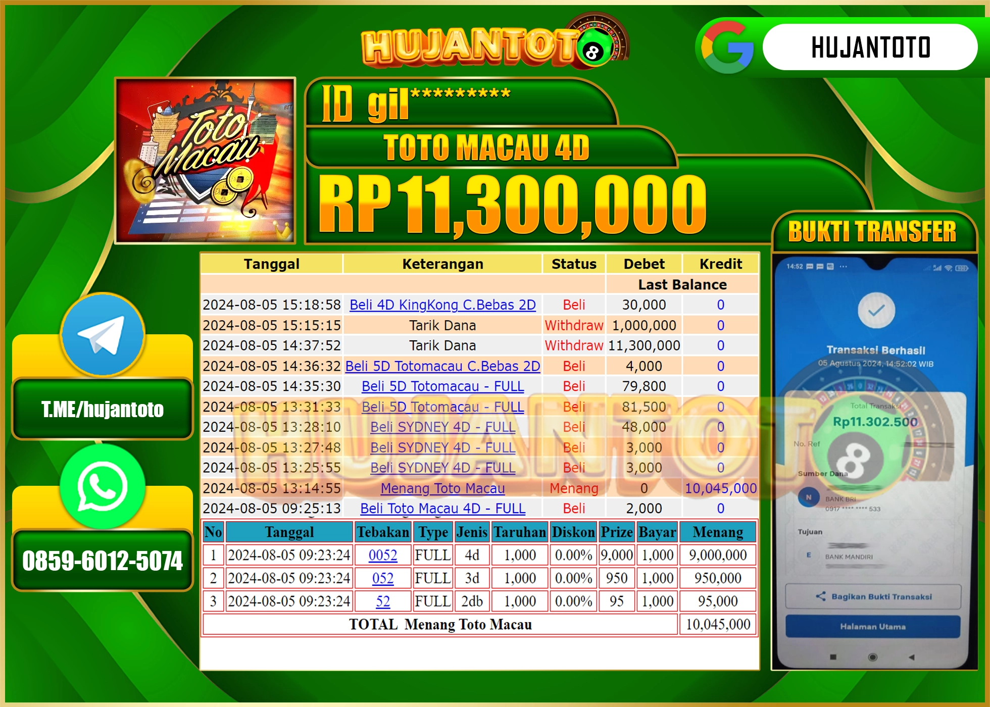 HUJANTOTO MENANG BESAR DI PERMAINAN TOTO MACAU 4D 11.300.000 - LUNAS 