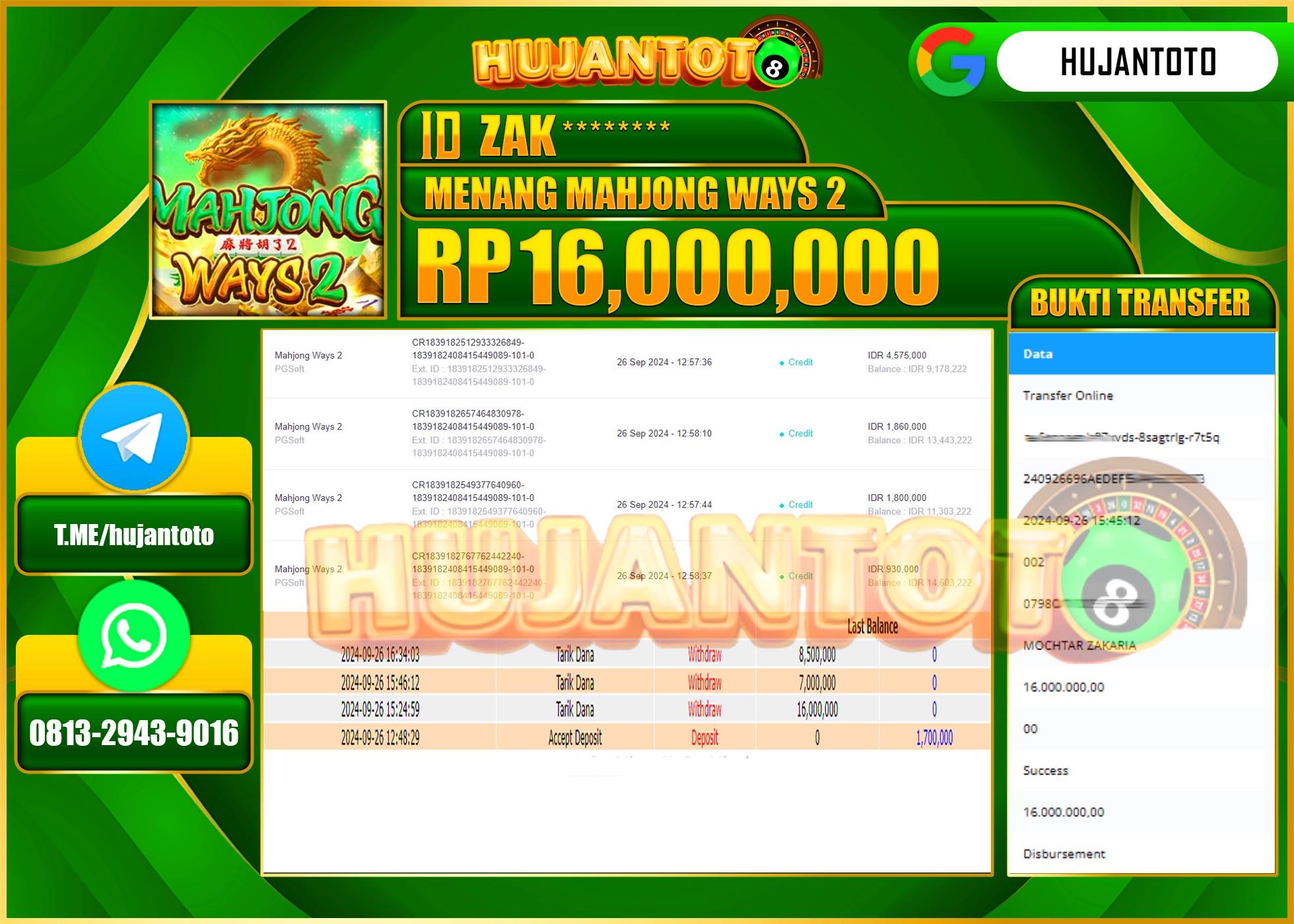HUJANTOTO MENANG BESAR DI PERMAINAN SLOT MAHJONG WAYS 2 - 11,000,000 - LUNAS 