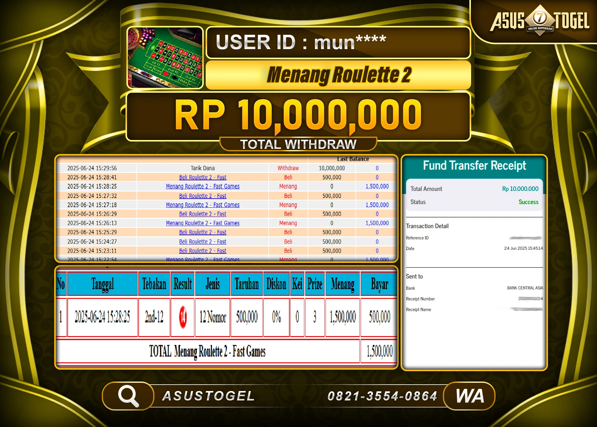 ASUSTOGEL KEMENANGAN DI LIVEGAME ROULETTE 2  SEBESAR 10,000,000- RUPIAH LUNAS