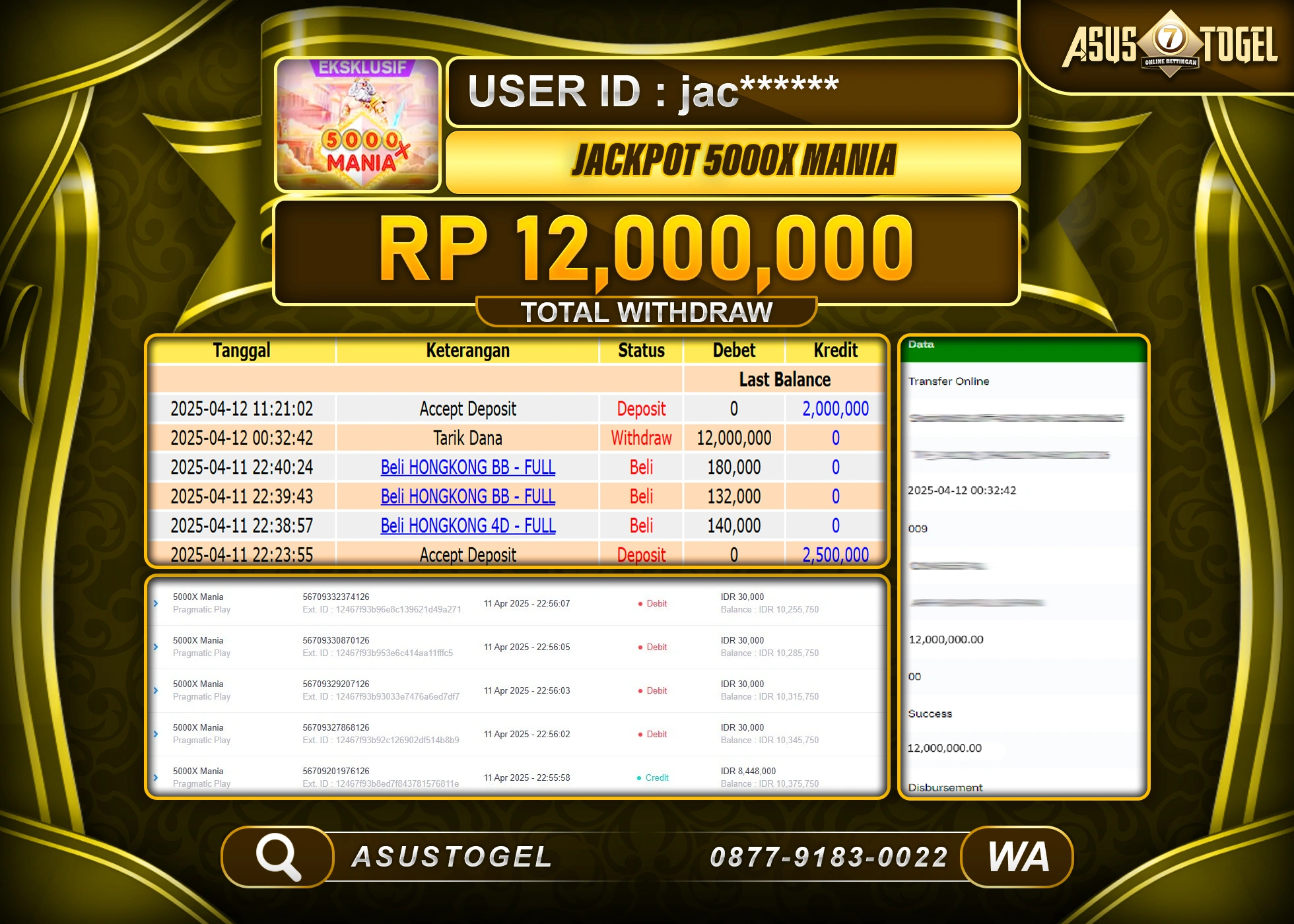 ASUSTOGEL KEMENANGAN DI SLOT 5000X MANIA GAMES SEBESAR 12,000,000- RUPIAH LUNAS