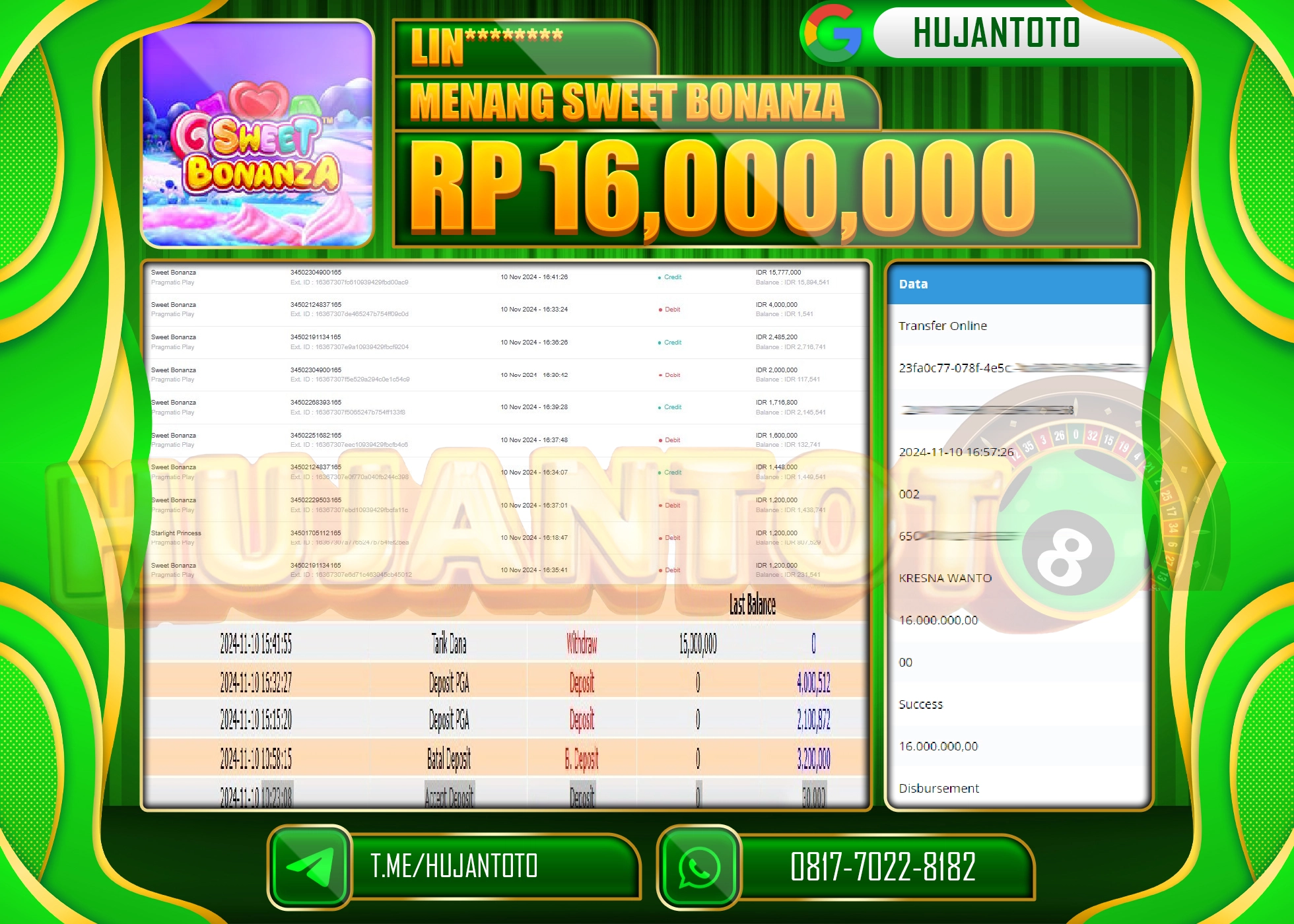 HUJANTOTO MENANG DI PERMAINAN  DI RAIH SLOT SWEET BONANZA  - 16,000,000  - LUNAS