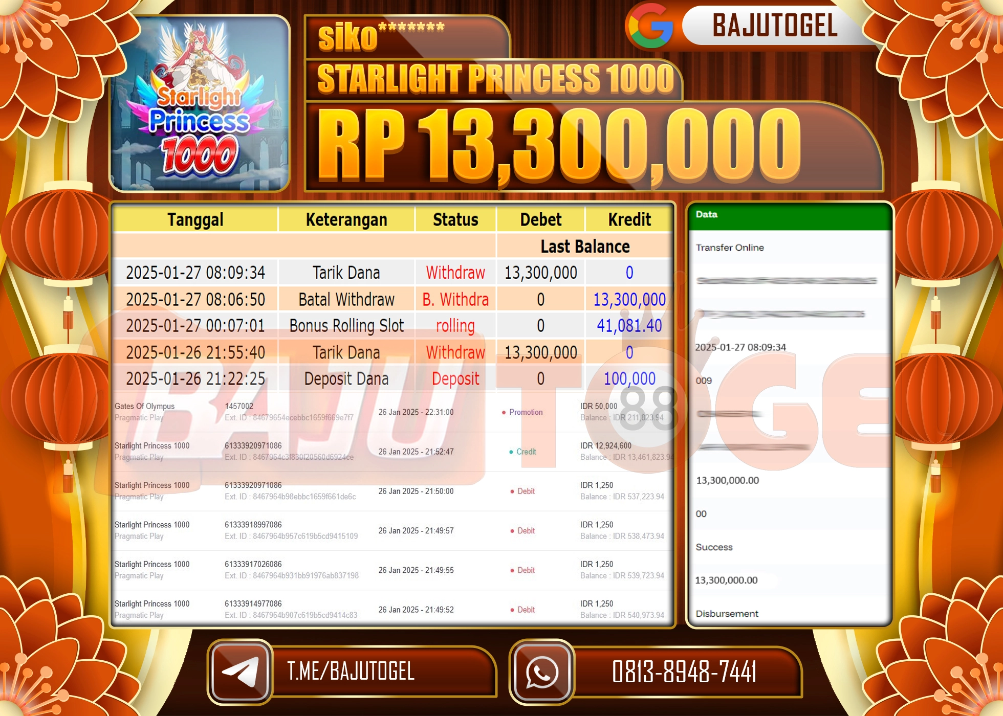BAJUTOGEL KEMENANGAN STARLIGHT PRINCESS 1000 Rp.13.300.000 LUNAS