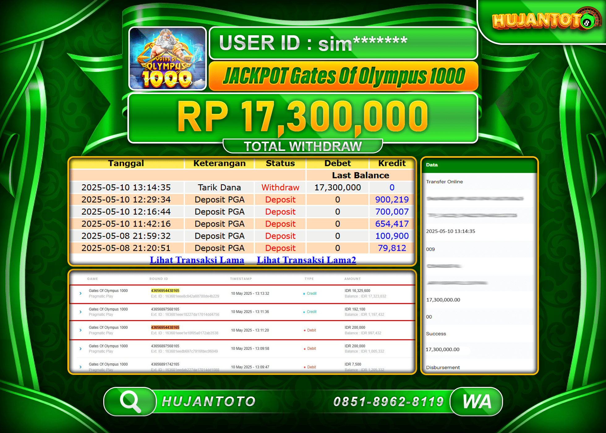 HUJANTOTO - BUKTI JACKPOT MENANG SLOT GATES OF OLYMPUS 1000 Rp,17,300,000 - TERBAYAR LUNAS