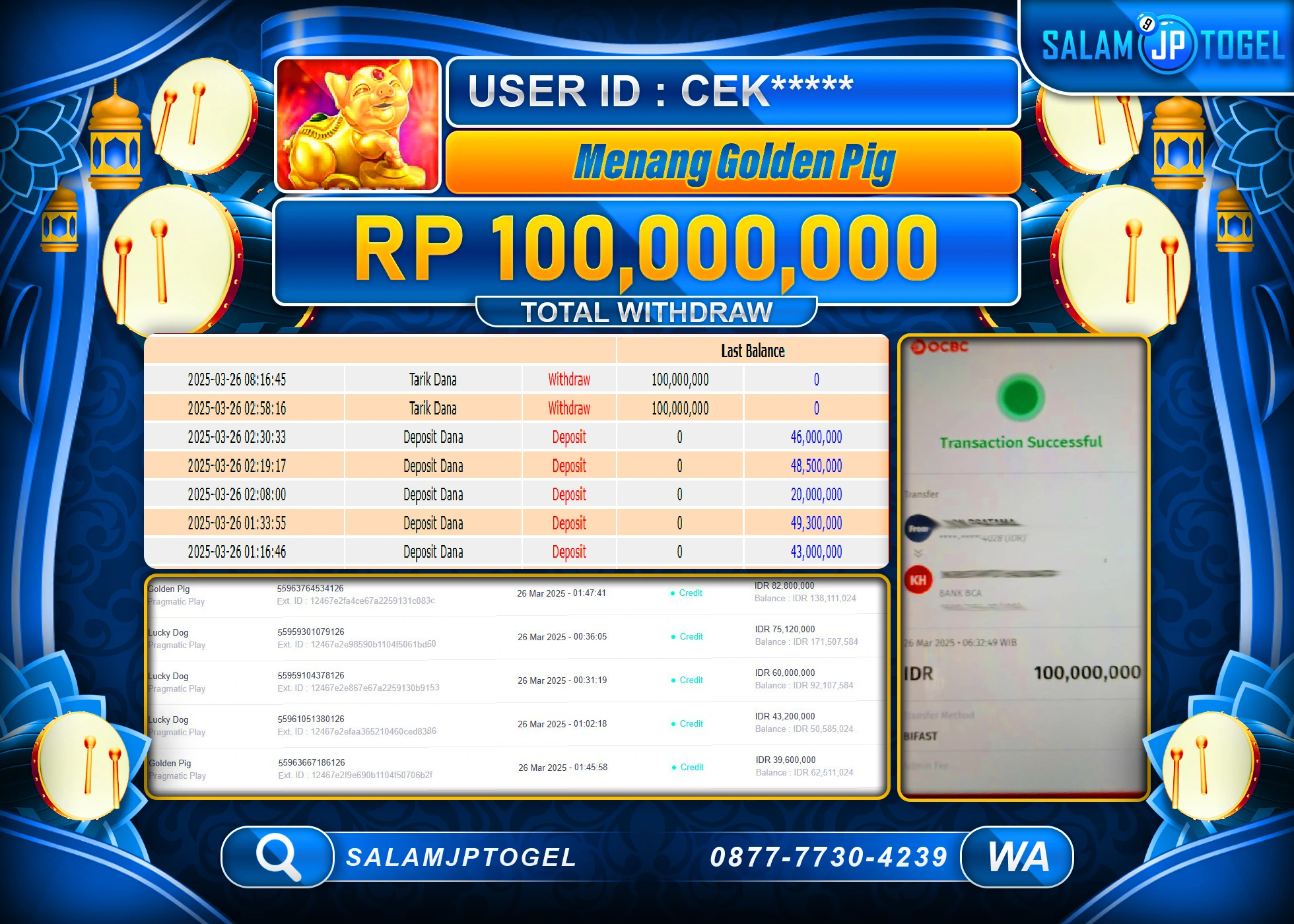 SALAMJPTOGEL MENANG GOLDEN PIG  Rp. 100.000,000 LUNAS