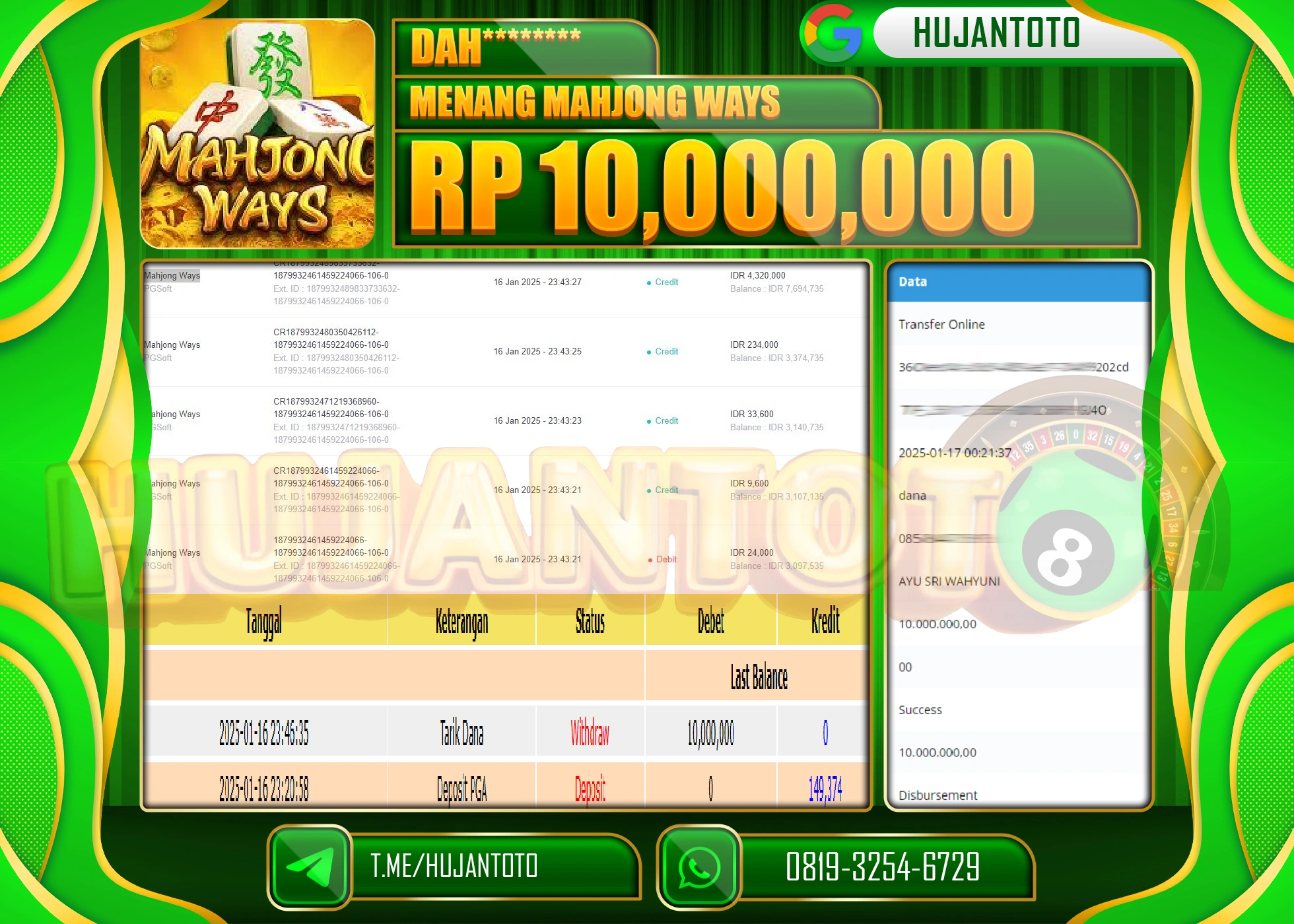 HUJANTOTO - BUKTI JACKPOT DI PERMAINAN SLOT MAHJONG WAYS Rp,10,000,000 - TERBAYAR LUNAS