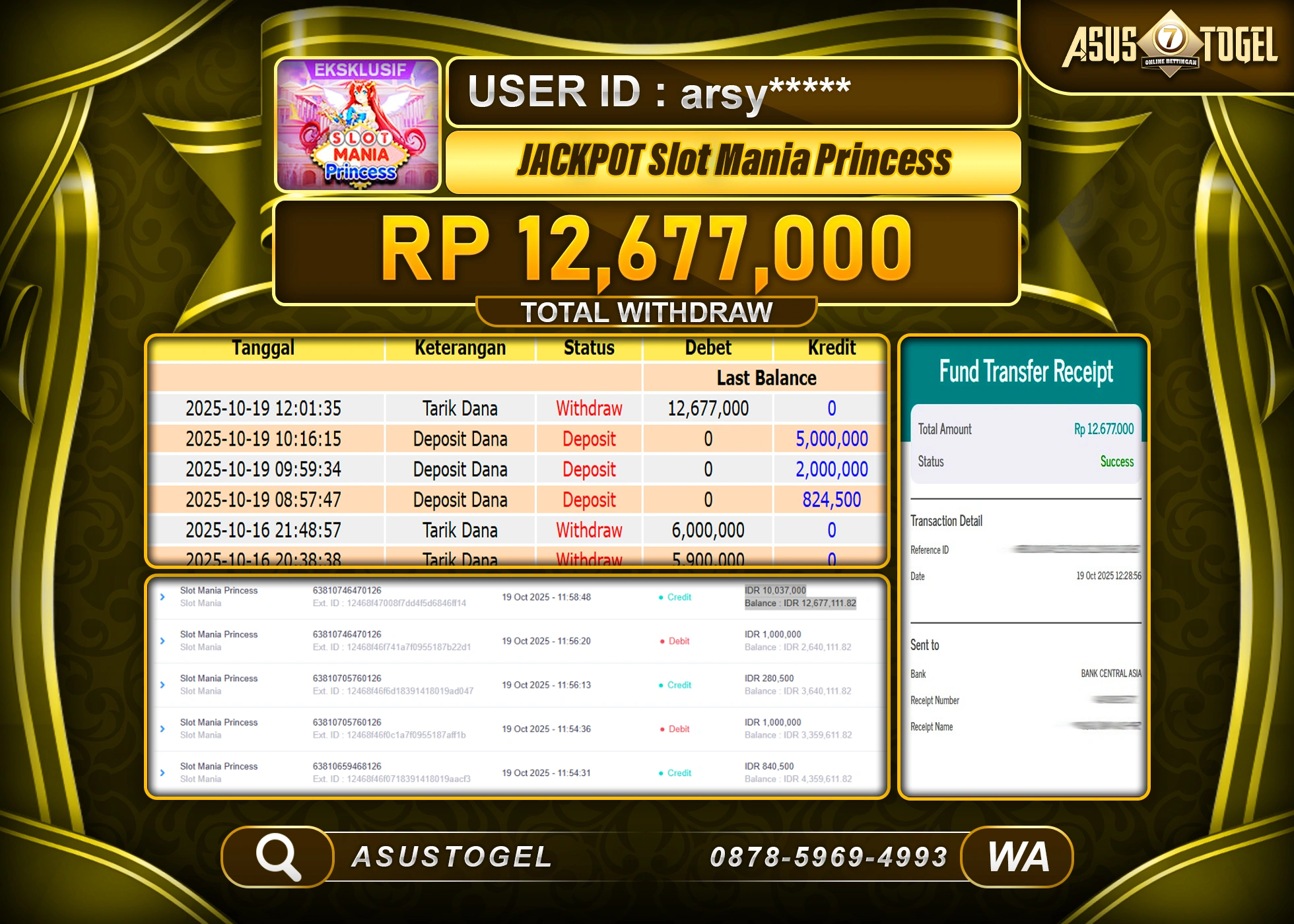 ASUSTOGEL KEMENANGAN DI SLOT MANIA PRINCESS SEBESAR 12,677,000- RUPIAH LUNAS