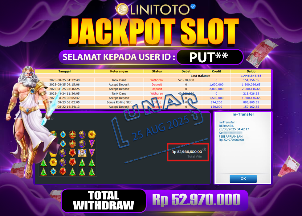 LINITOTO JACKPOT SLOT GATES OF OLYMPUS Rp.52.970.000- LUNAS