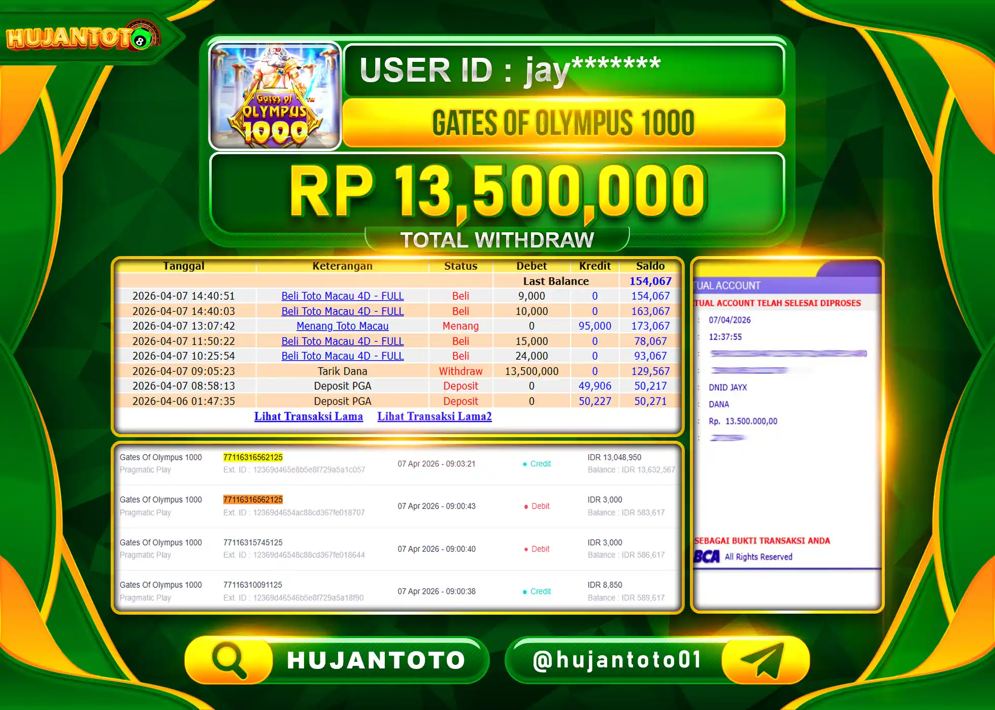 HUJANTOTO - BUKTI JACKPOT MENANG SLOT GATES OF OLYMPUS 1000 Rp.13,500,000 - TERBAYAR LUNAS