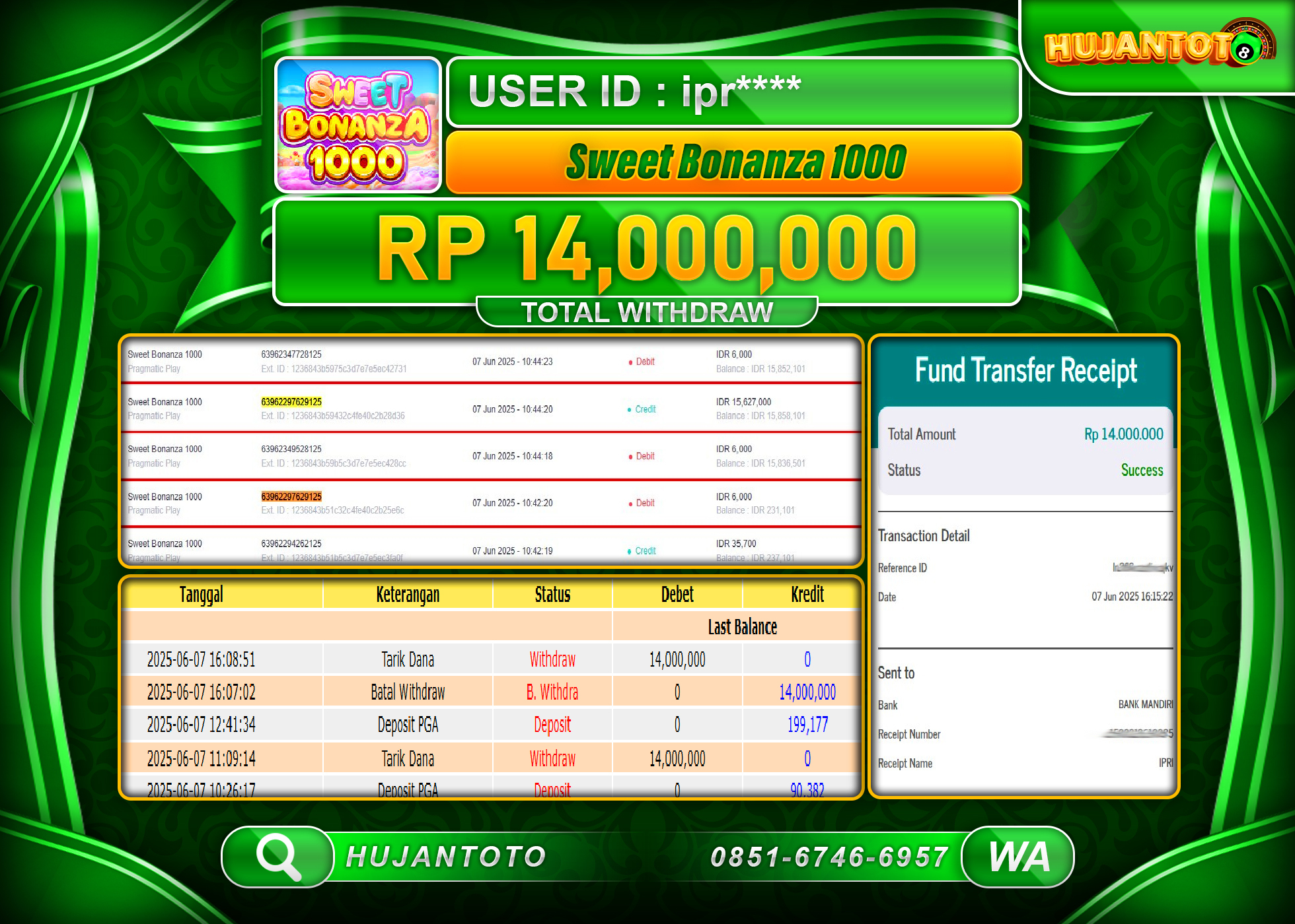 HUJANTOTO - BUKTI JACKPOT MENANG SLOT SWEET BONANZA 1000 Rp,14,000,000 - TERBAYAR LUNAS