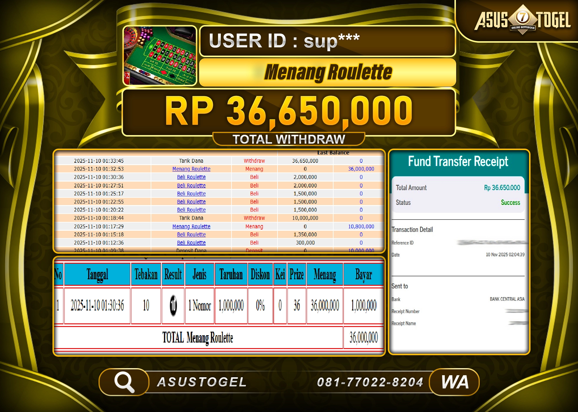 ASUSTOGEL KEMENANGAN DI LIVE GAMES ROYLETTE SEBESAR 36,650,000 - RUPIAH LUNAS